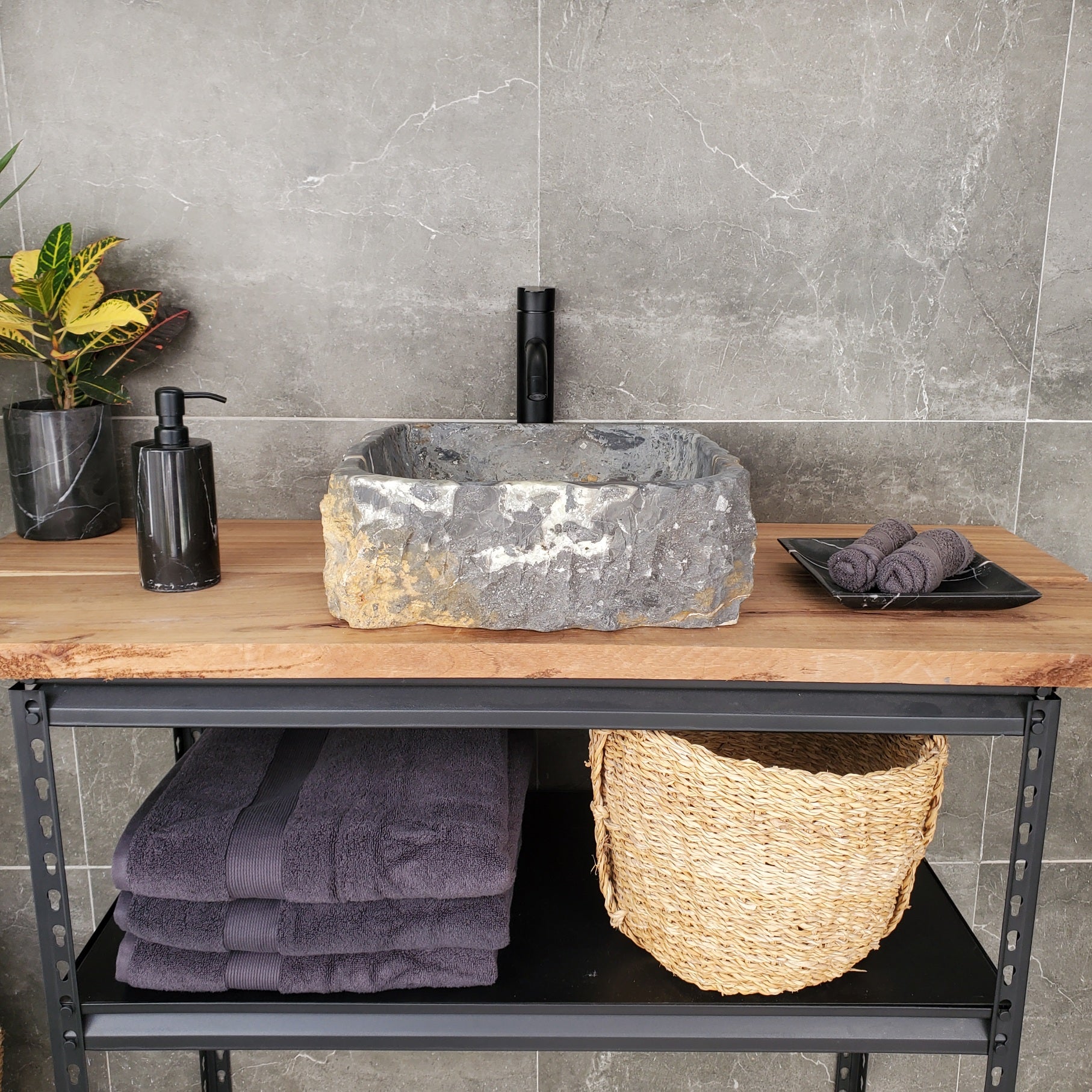 S33_03 Onyx and Slate Stone Vessel Bathroom Sink- 15.5 x 15 inch