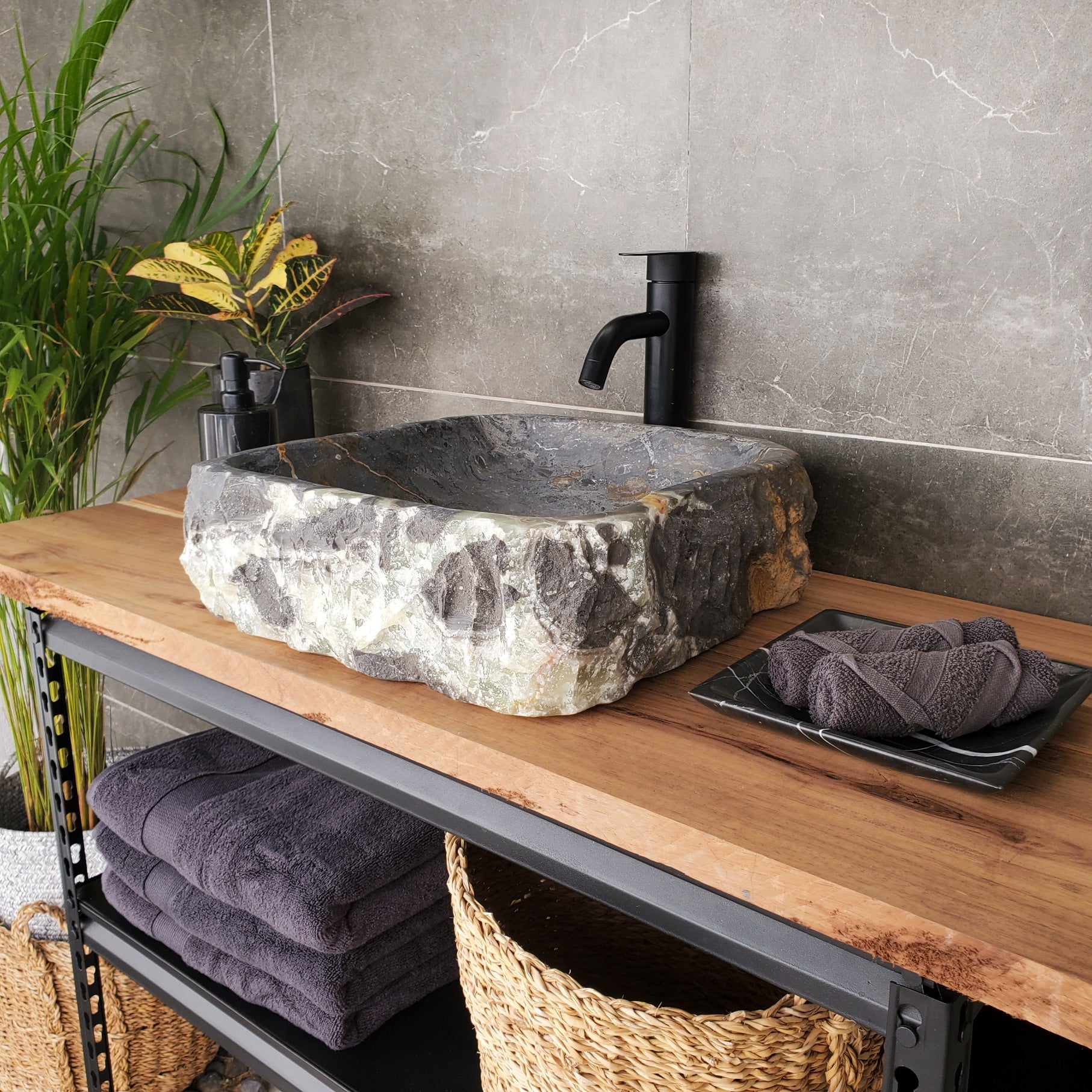 S33_02 Onyx and Slate Stone Vessel Bathroom Sink