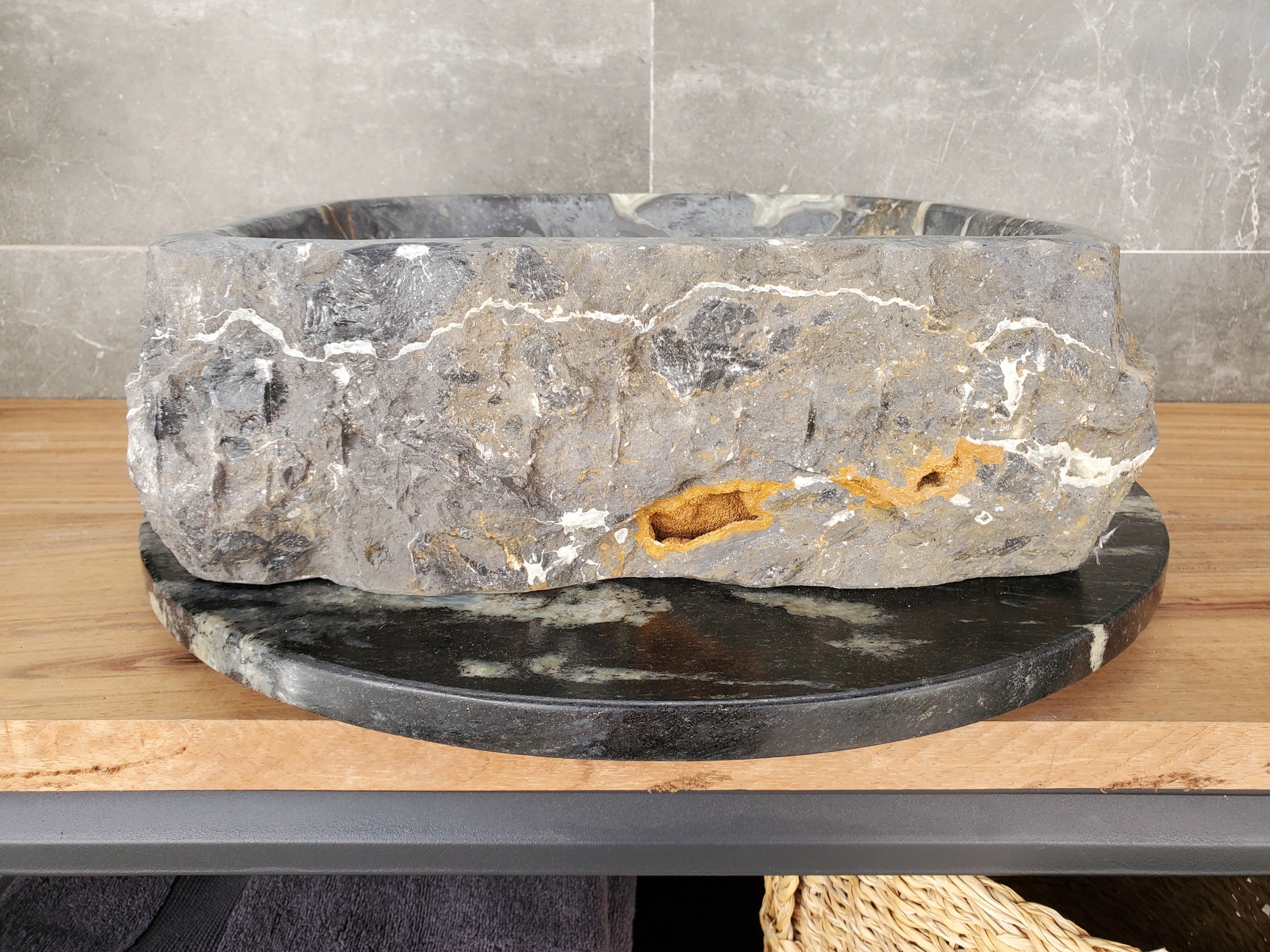S33_03 Onyx and Slate Stone Vessel Bathroom Sink- 15.5 x 15 inch
