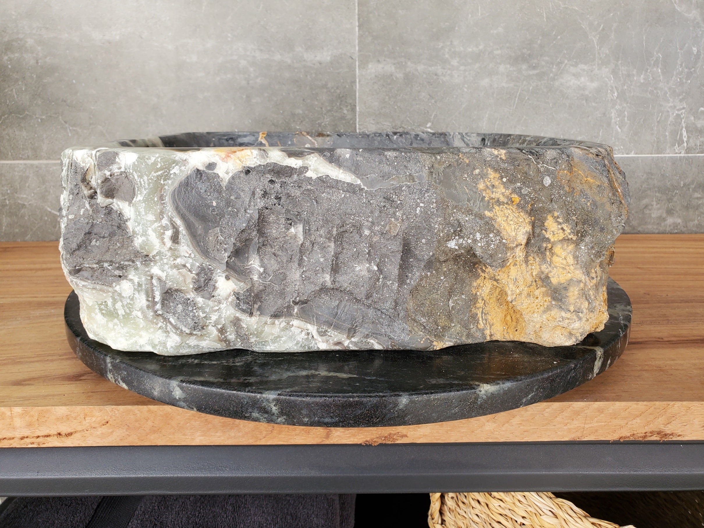 S33_02 Onyx and Slate Stone Vessel Bathroom Sink - 15.5 x 15 inch