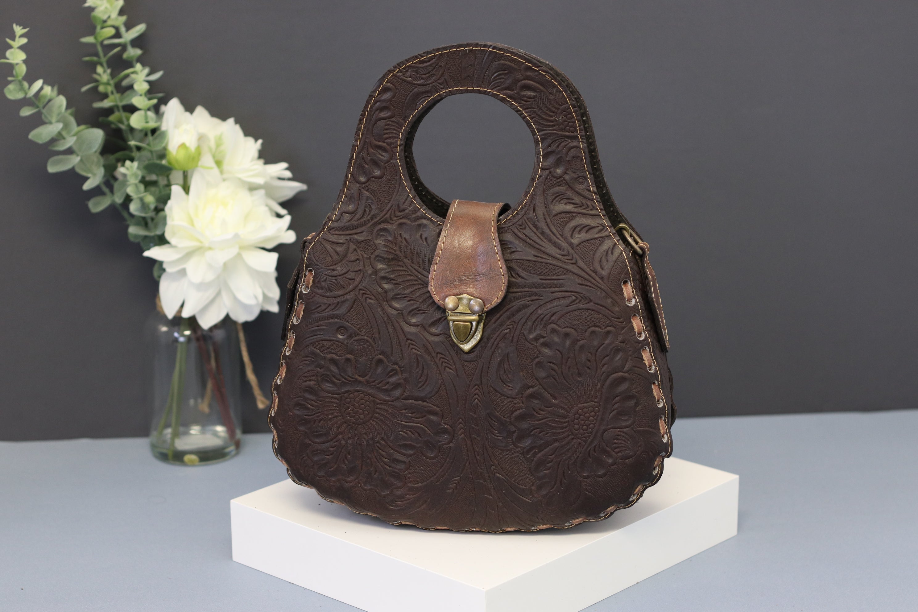 Brown Hand Tooled Floral Design Top Handled Mexican Leather Purse