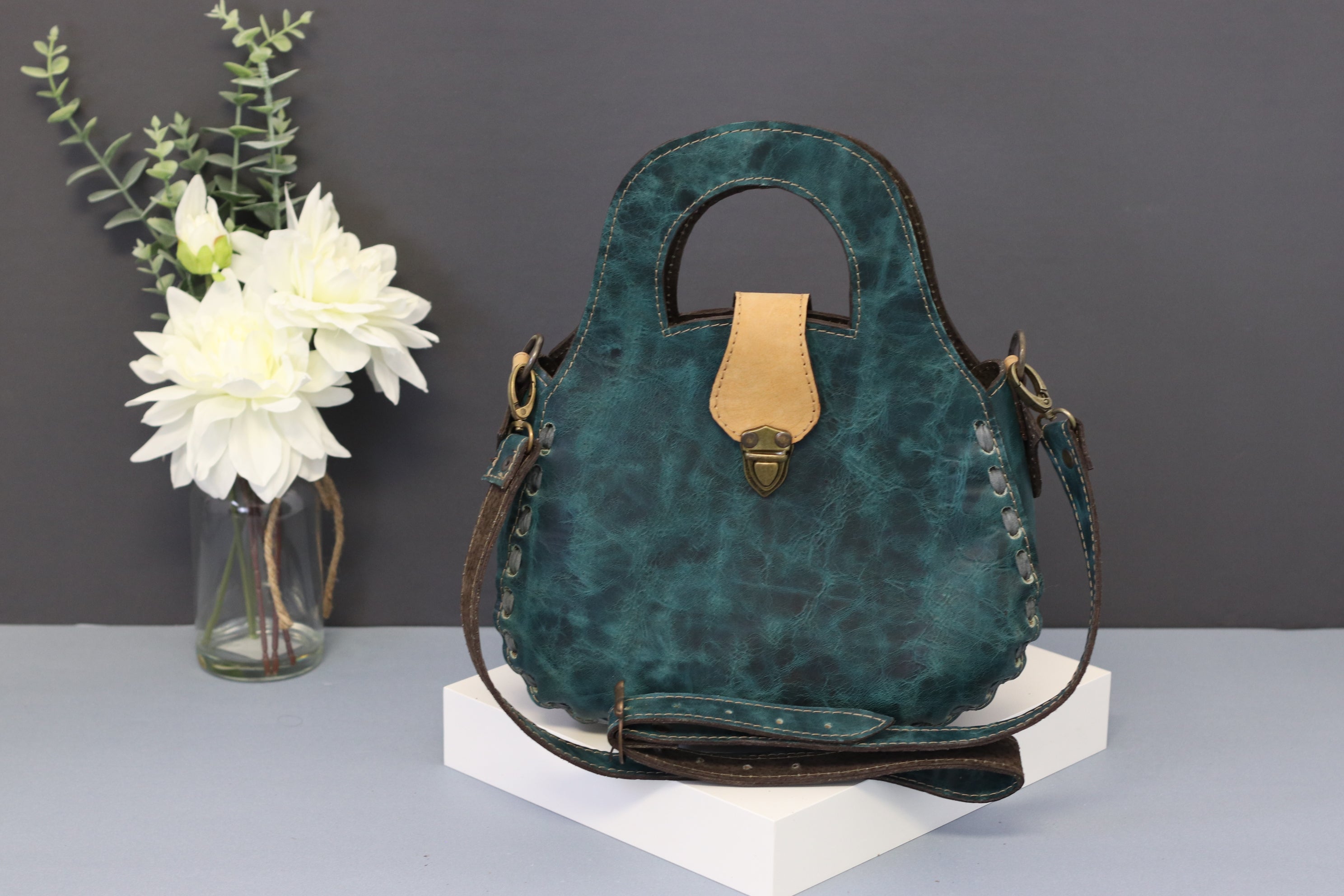Green Hand Tooled Top Handled Mexican Leather Purse