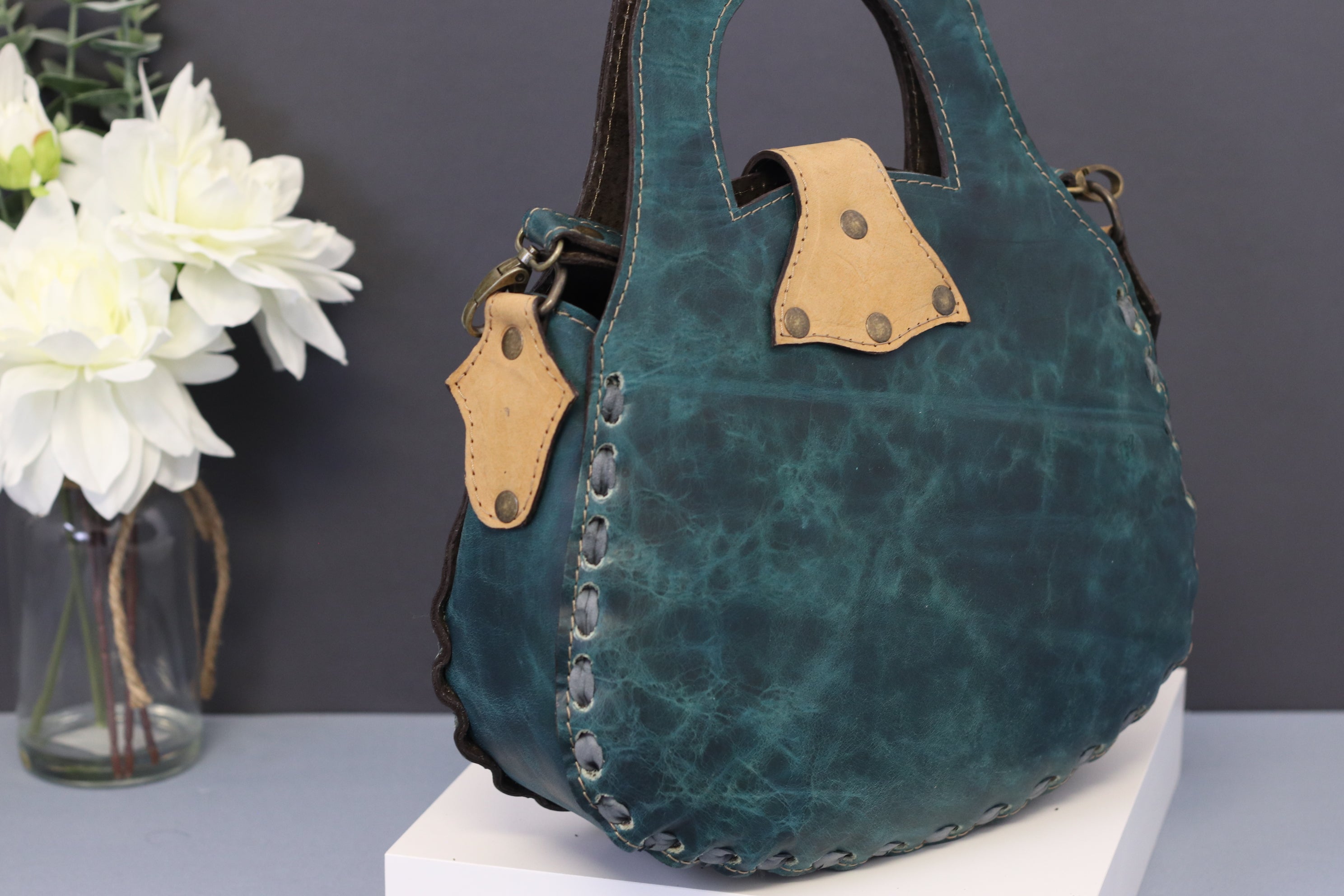 Green Hand Tooled Top Handled Mexican Leather Purse