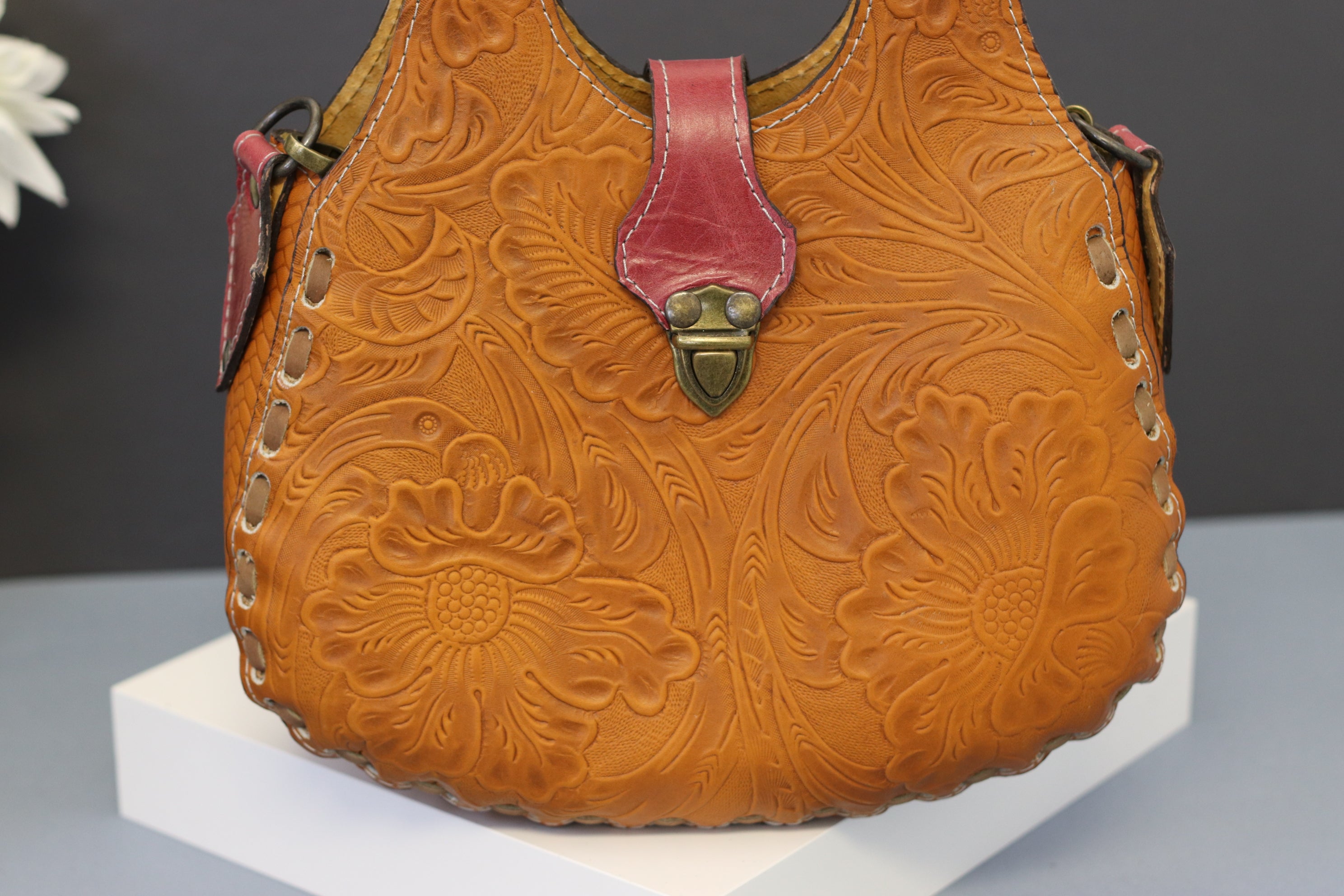 Rust Hand Tooled Top Handled Mexican Leather Purse Purse Fashion