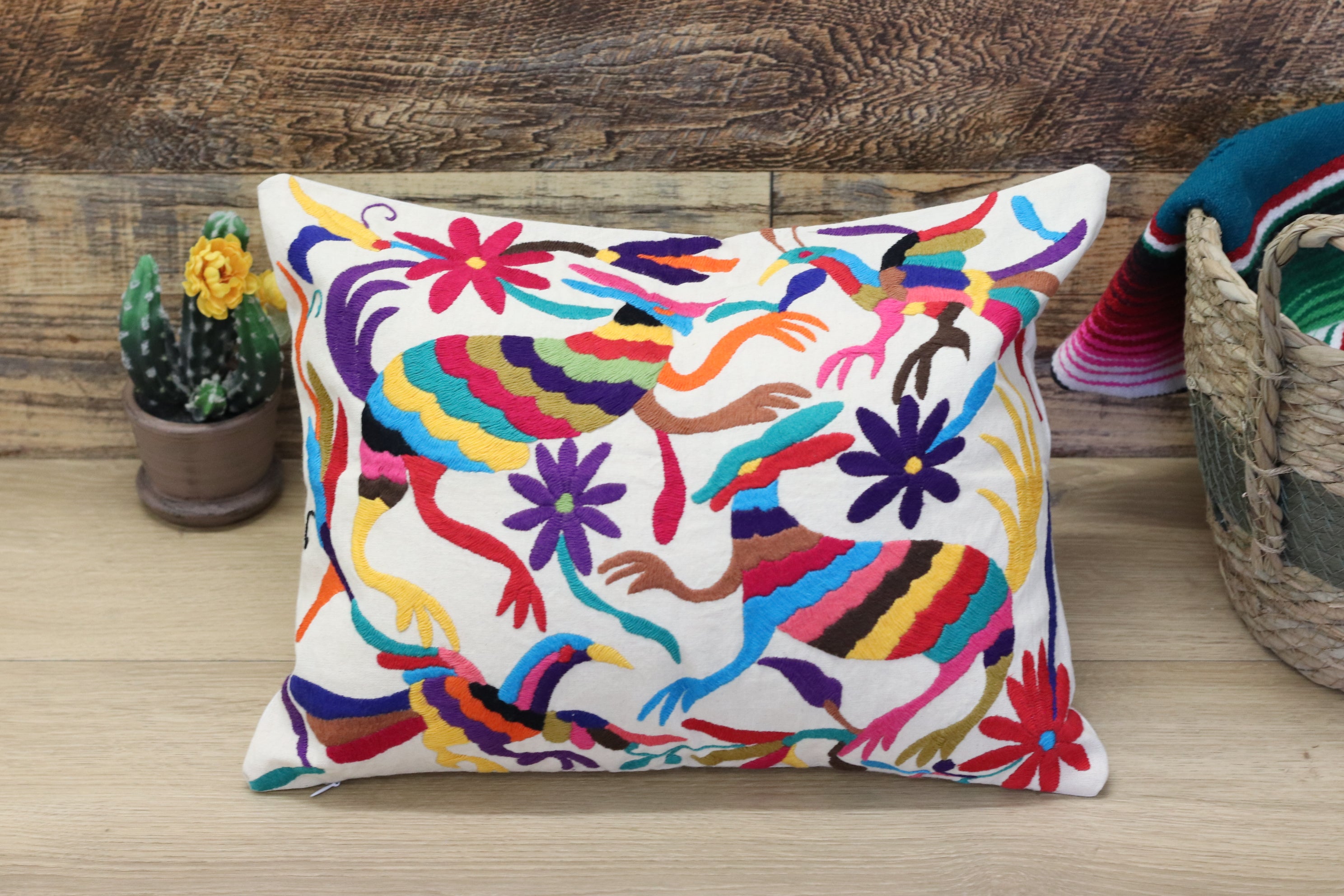 Otomi Tenango Pillow Cover, Throw Pillows, Mexican Hand Embroidered Textile Art. Flowers and Animals, Beige with Multicolor Thread. Handmade. Buy Now at www.felipeandgrace.com.