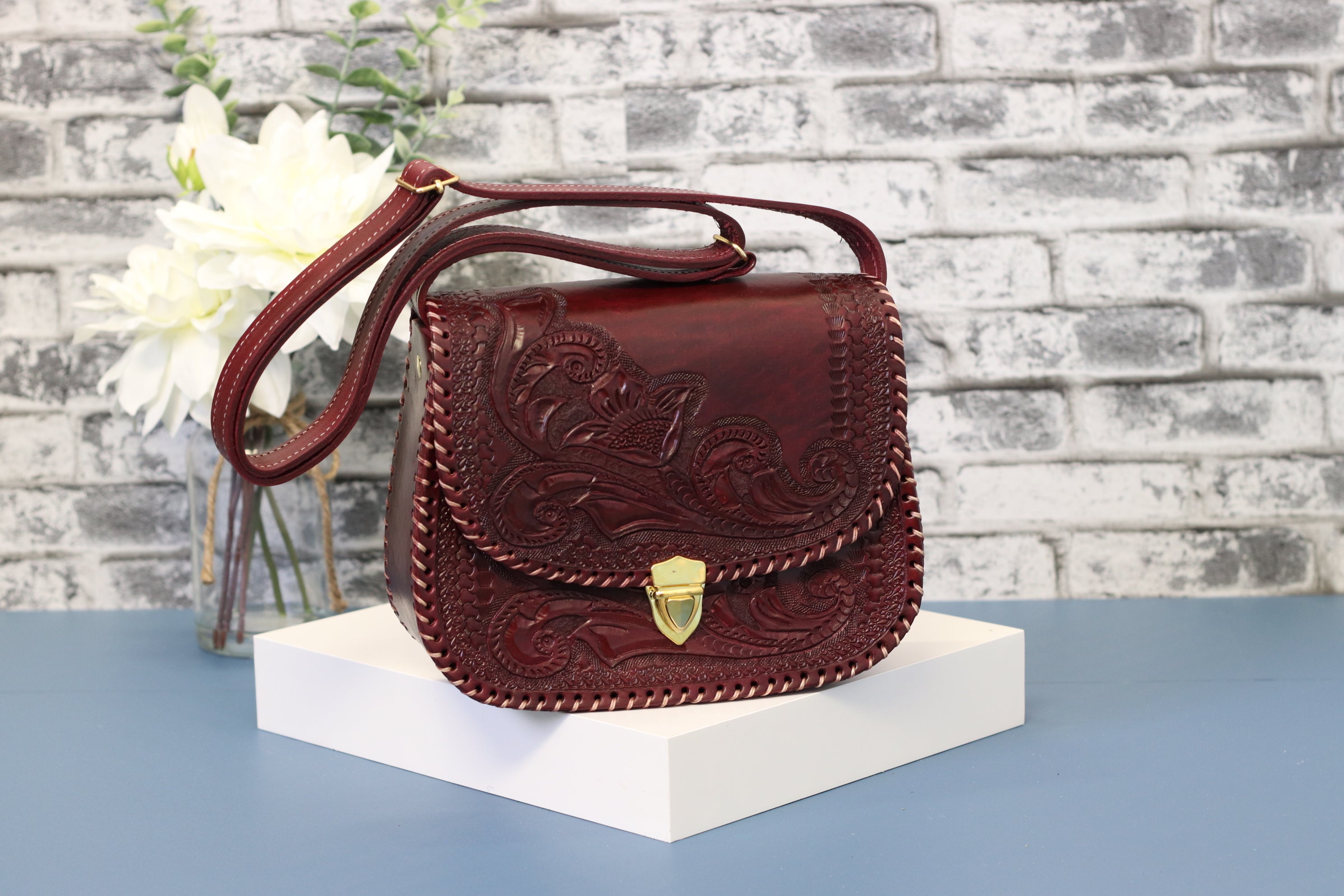 Wine Color Hand Tooled Mexican Leather Clutch with Floral Design Purse Fashion