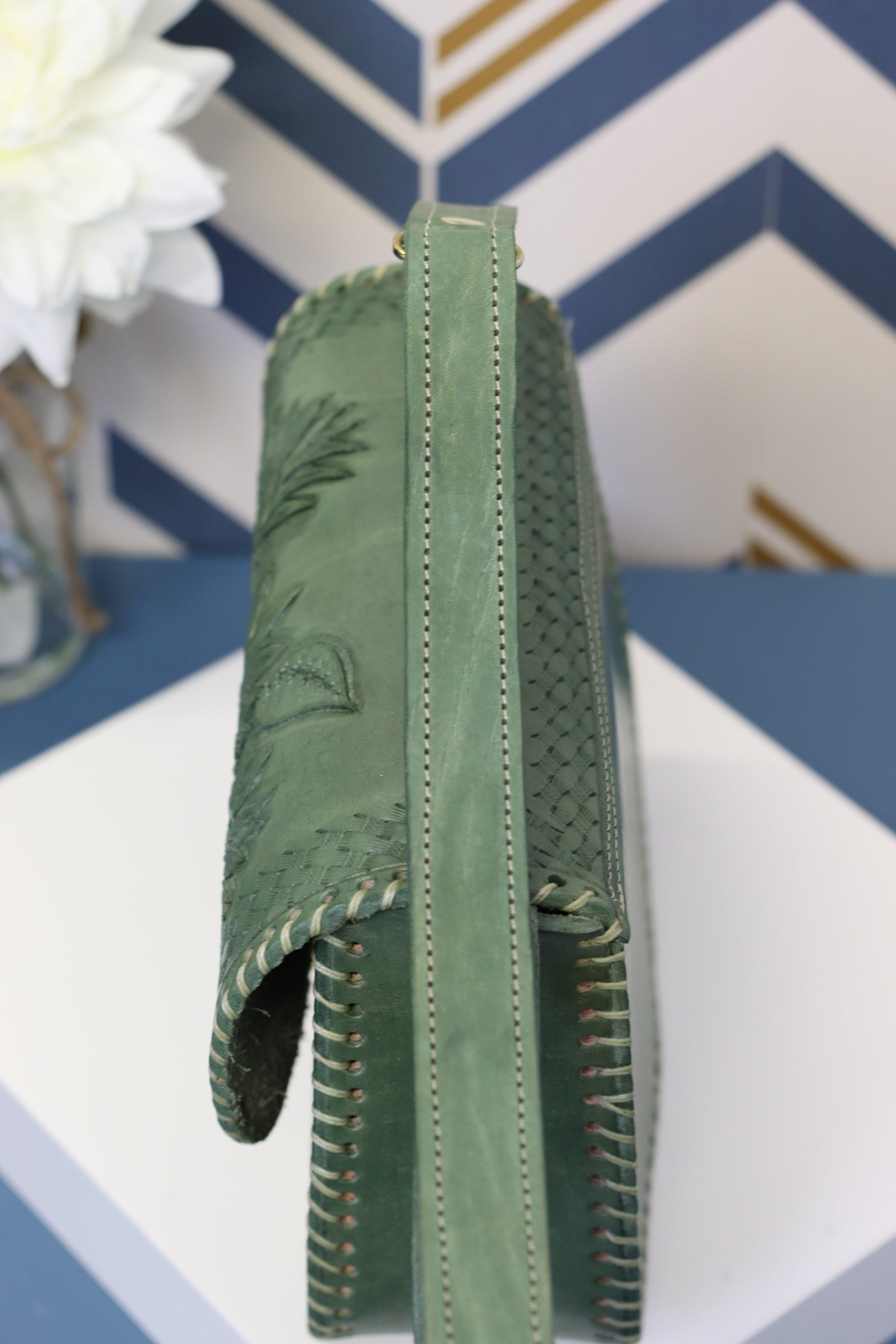 Green Detachable Strap, Adjustable Strap, hand-tooled leather with gold clasp closure. Clutch Handbag. Made by artisans in Central Mexico, shipping from the USA. Handmade. Buy now at www.felipeandgrace.com.