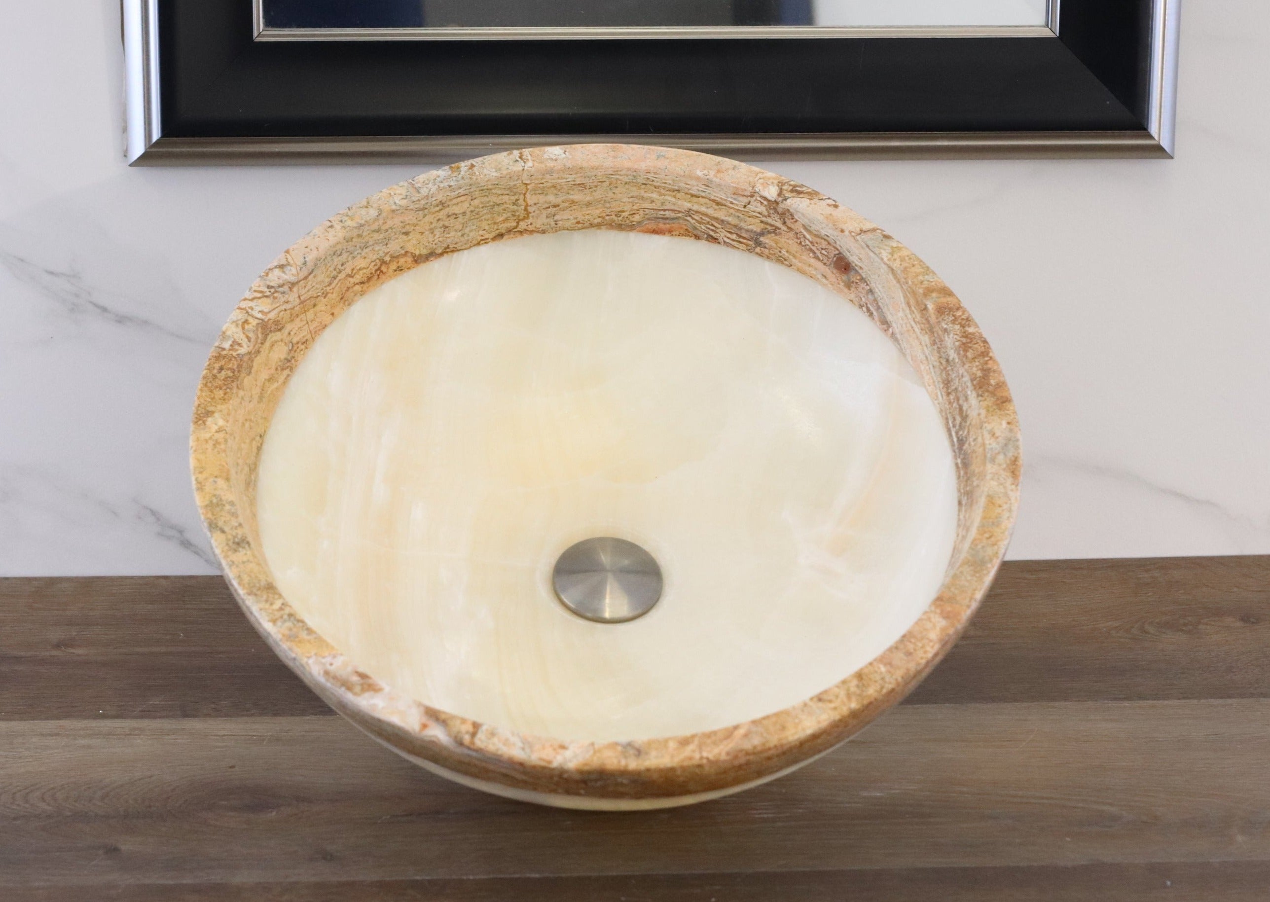 White Round Onyx and Travertine Stone Vessel Above Counter Bathroom Sink. Handmade in Mexico. Hand finished and ships from the USA. Buy now at www.felipeandgrace.com. 