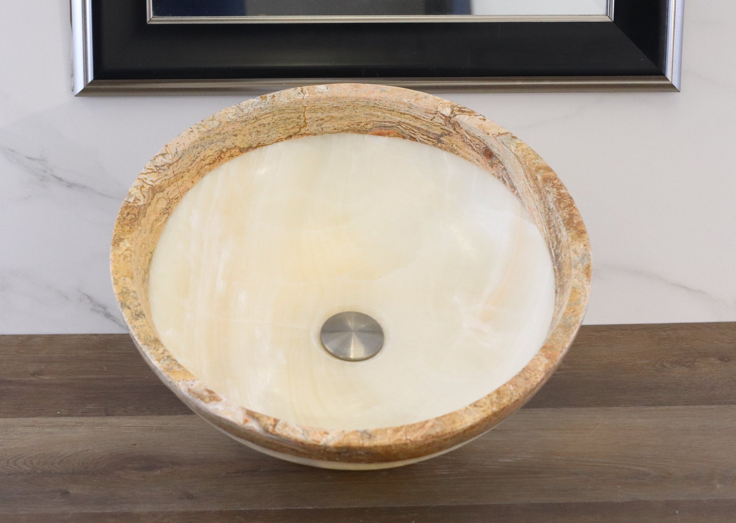 Onyx and Travertine Stone Vessel Sink (Round) Bathroom Sinks above counter sink above counter sinks Artistic Handmade Bathroom Décor cream brown rim cream brown trending luxury hand wash basin Home design trends luxury bathroom marble onyx sink modern contemporary natural stone sink plumbing Plumbing fixture plumbing fixtures polished above counter shabby chic Tan Brown Beige Travertine Stone vessel bowl basin vessel stone rustic