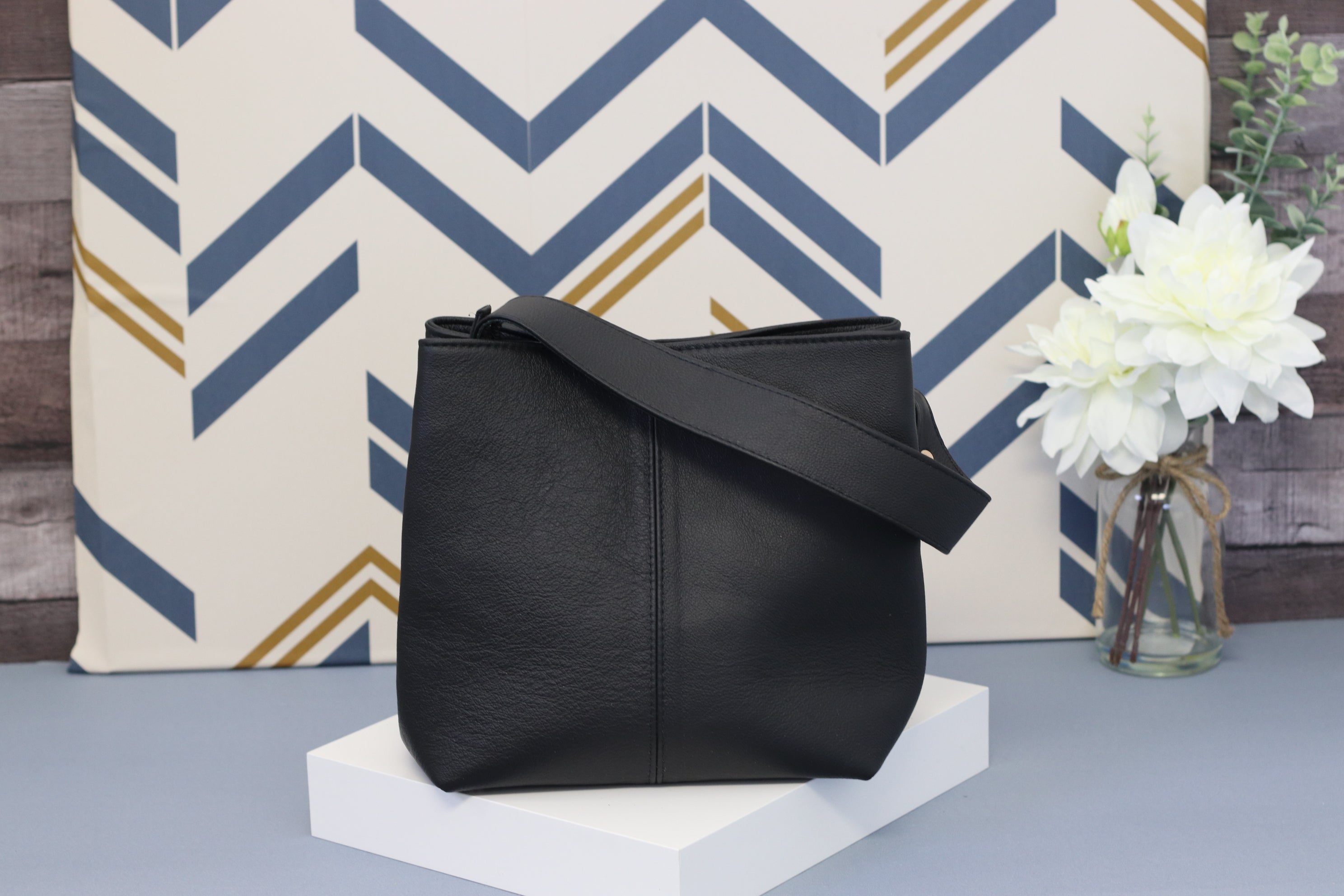 Black Soft Leather Messenger Bag, Removable Hand Beaded Seed Bead Strap