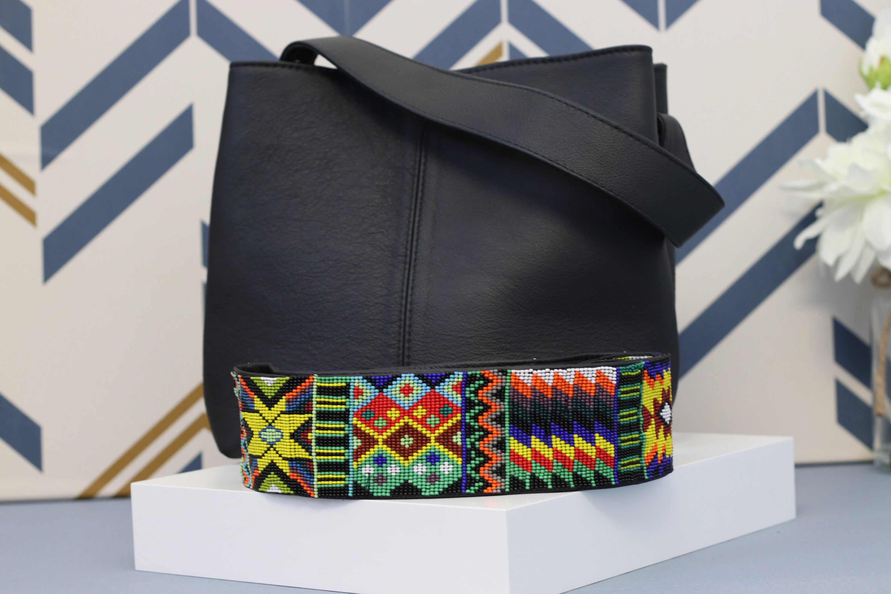 Black Soft Leather Messenger Bag, Removable Hand Beaded Seed Bead Strap
