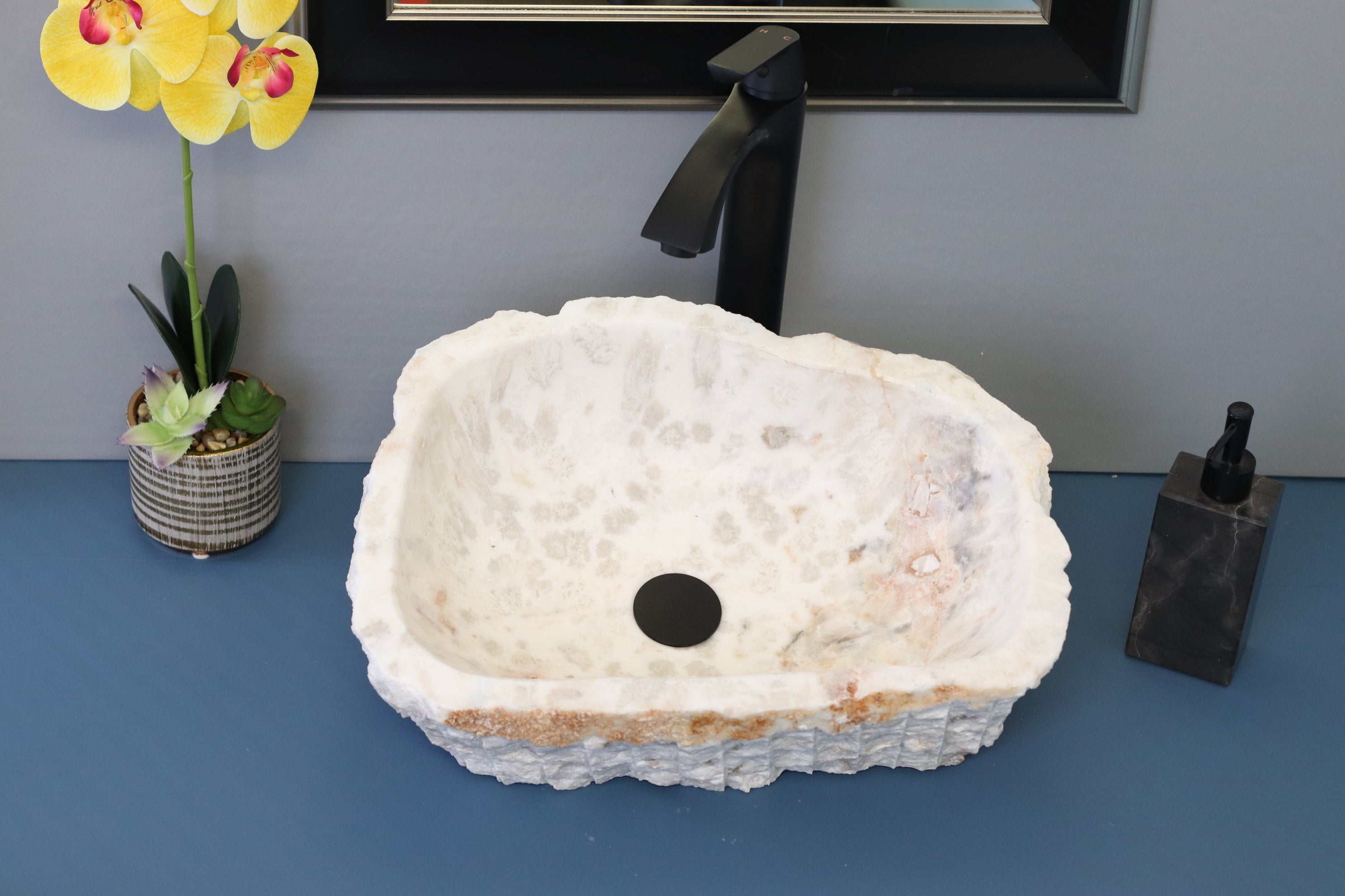 White Grey Onyx Stone  Bathroom Vessel Sink. Epoxy Sealant is available with fast shipping. Standard drain size. A beautiful work of rustic art. Handmade. Buy Now at www.felipandgrace.com.