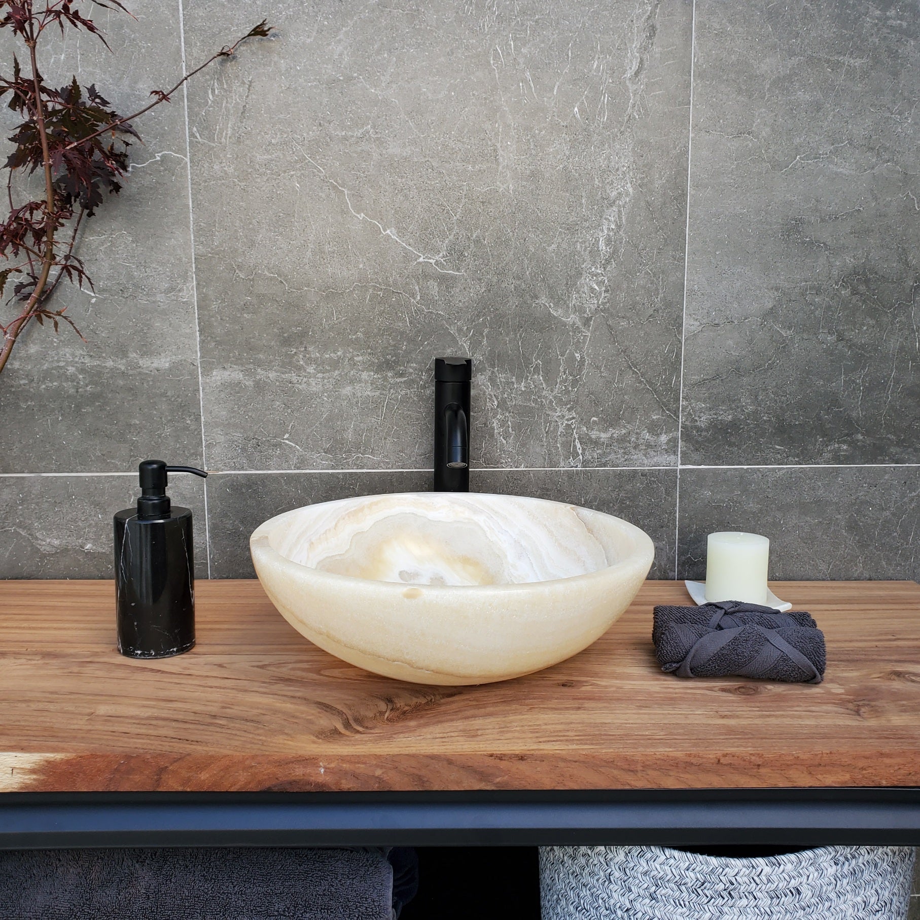 S28_21 Onyx Stone Vessel Bathroom Sink -15.5 x 15.5 inch