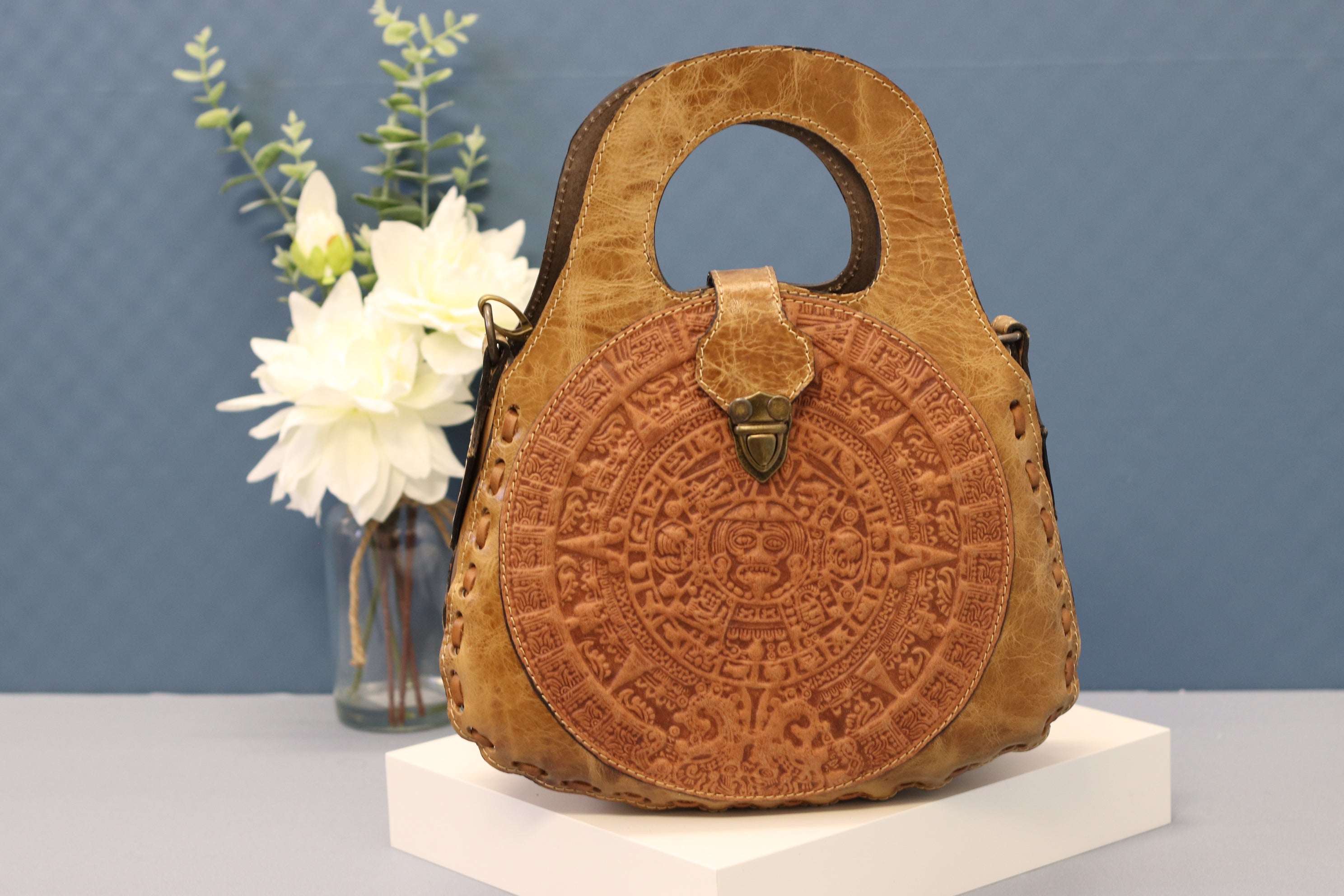 Aztec Hand Tooled Top Handled Mexican Leather Purse