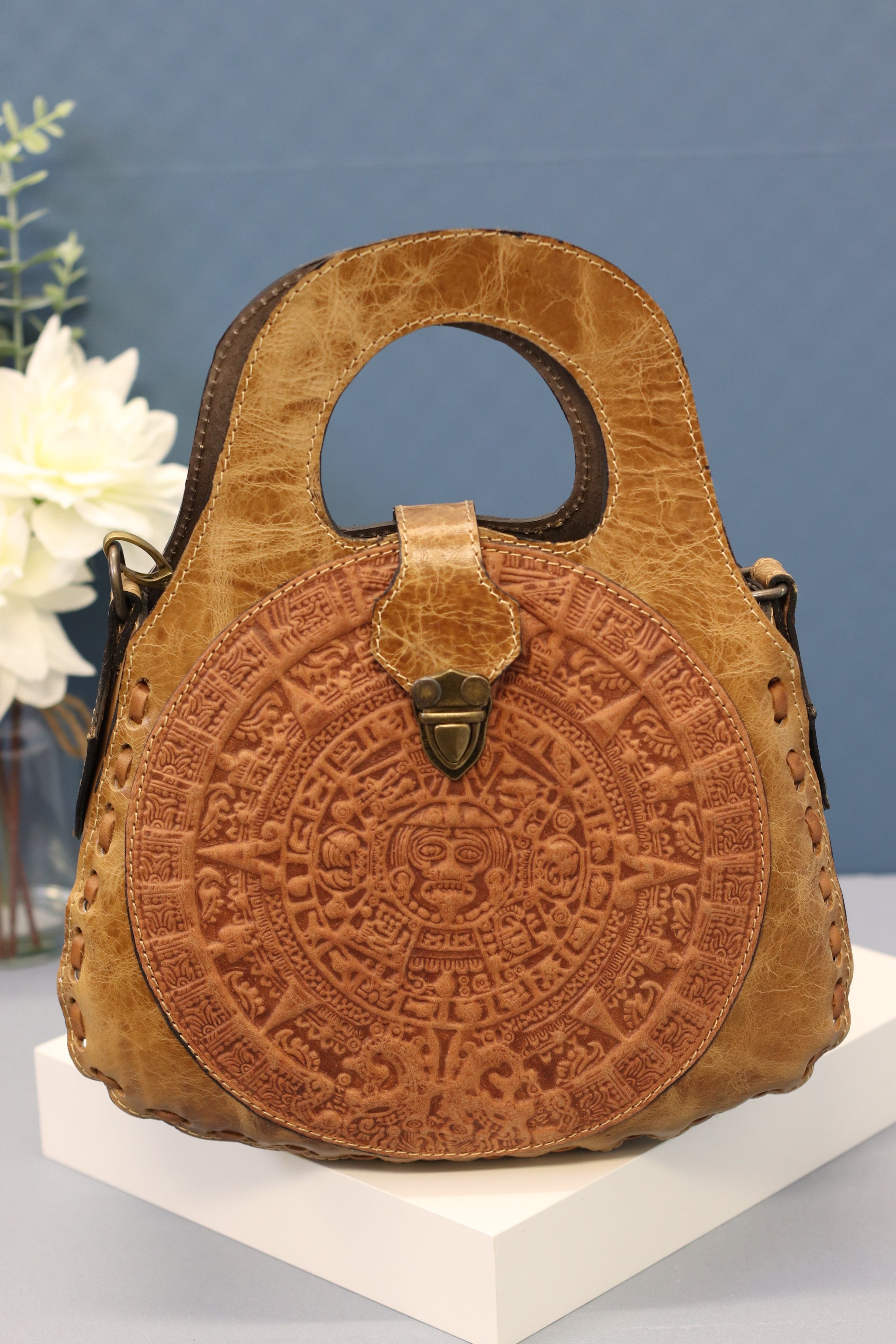 Aztec Hand Tooled Top Handled Mexican Leather Purse Purse Fashion