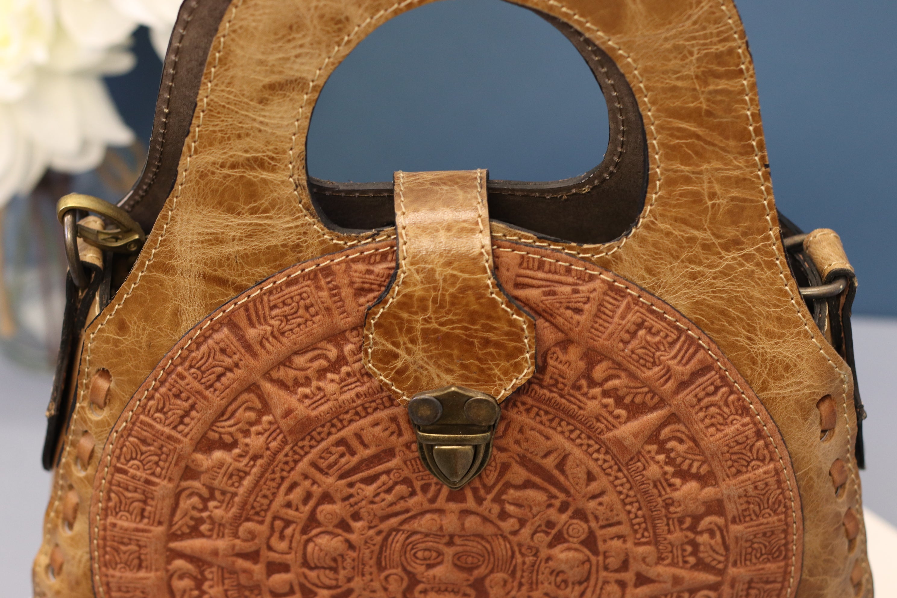 Aztec Hand Tooled Top Handled Mexican Leather Purse