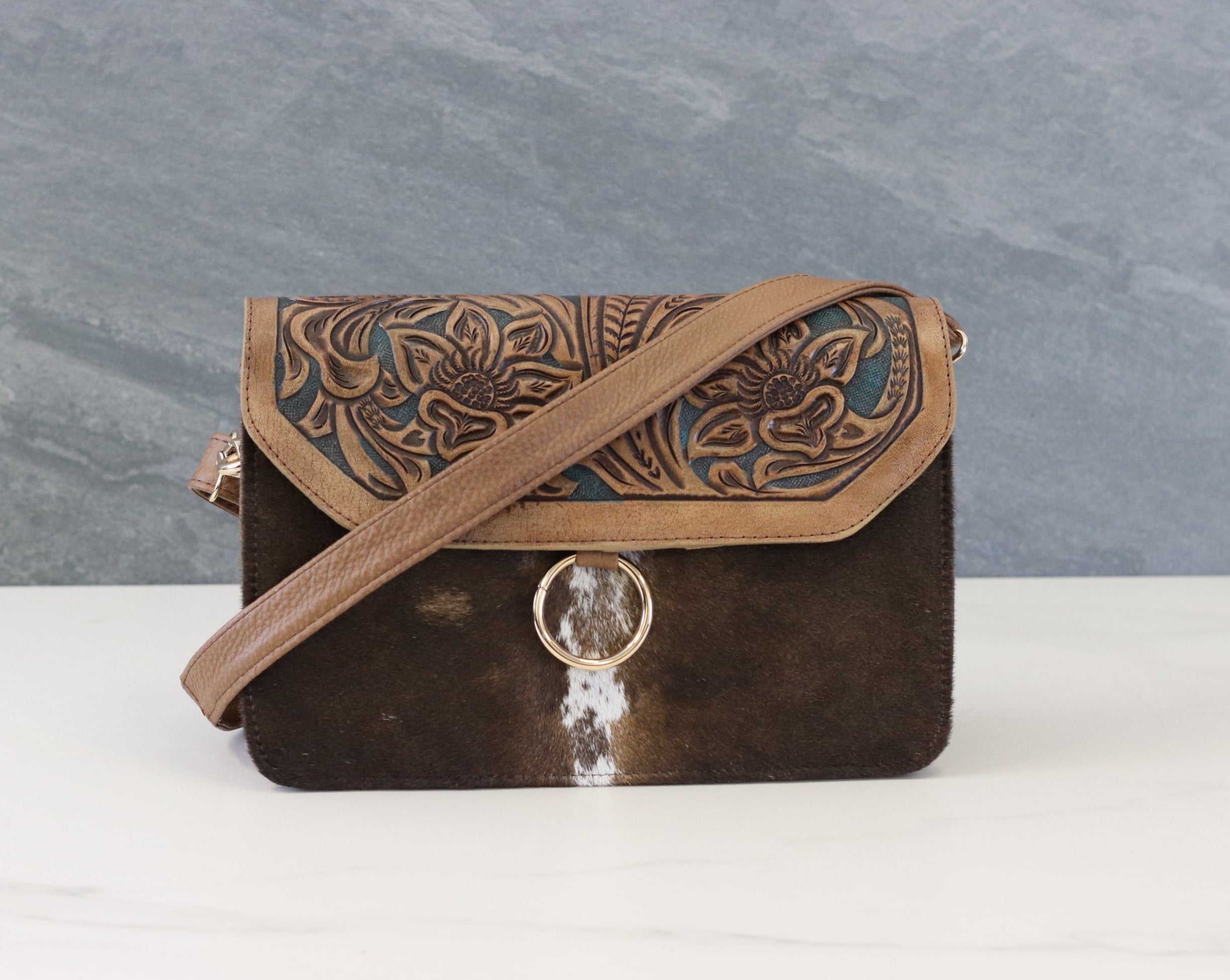 Brown Hand Tooled Cow Hide Leather Purse