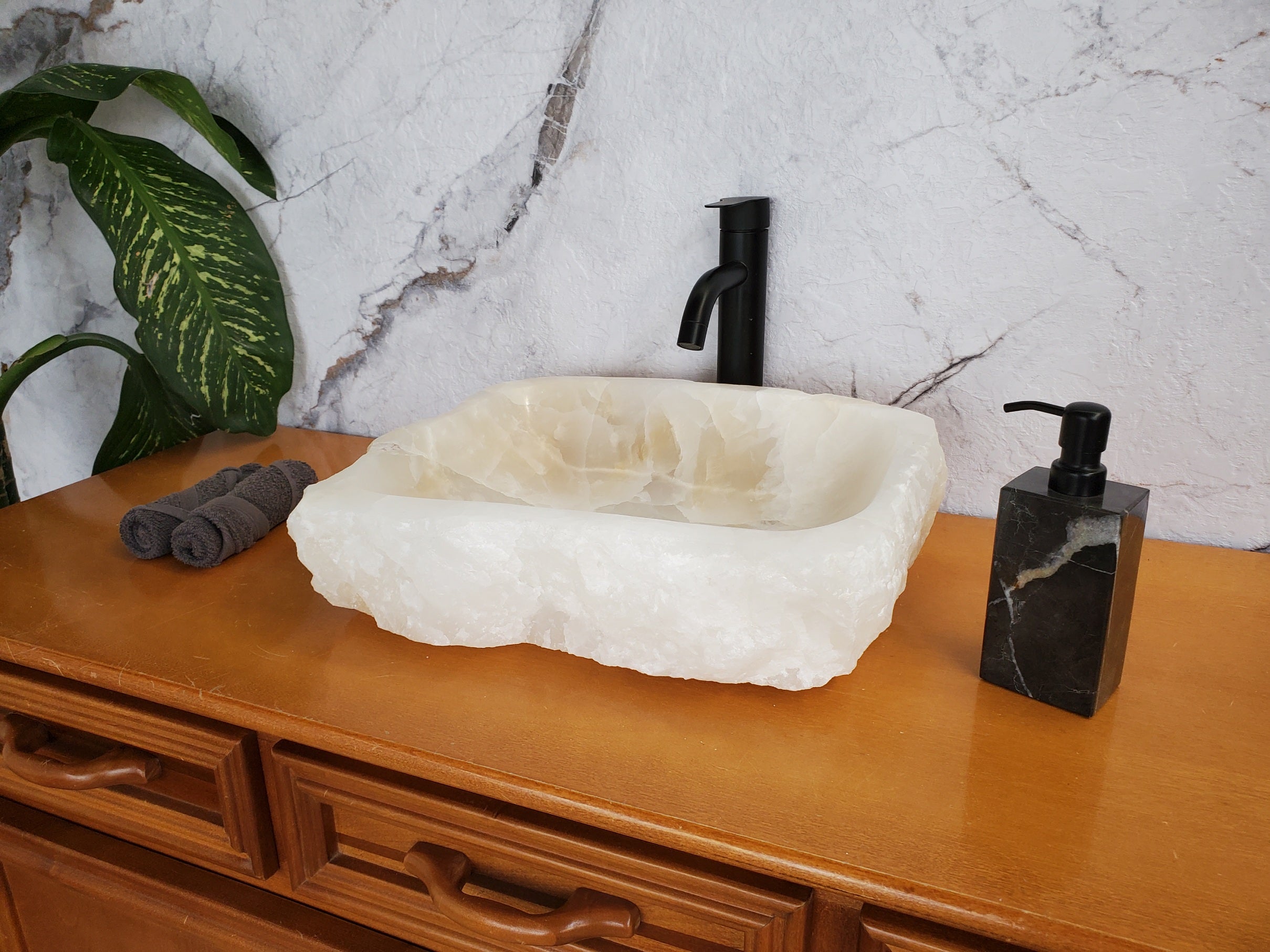 S35_08 White Onyx Marble Vessel Sink, 17x13 Inch Natural Stone Countertop Basin, Polished Luxury Vanity Sink, Spa Bathroom Decor Bathroom Sinks