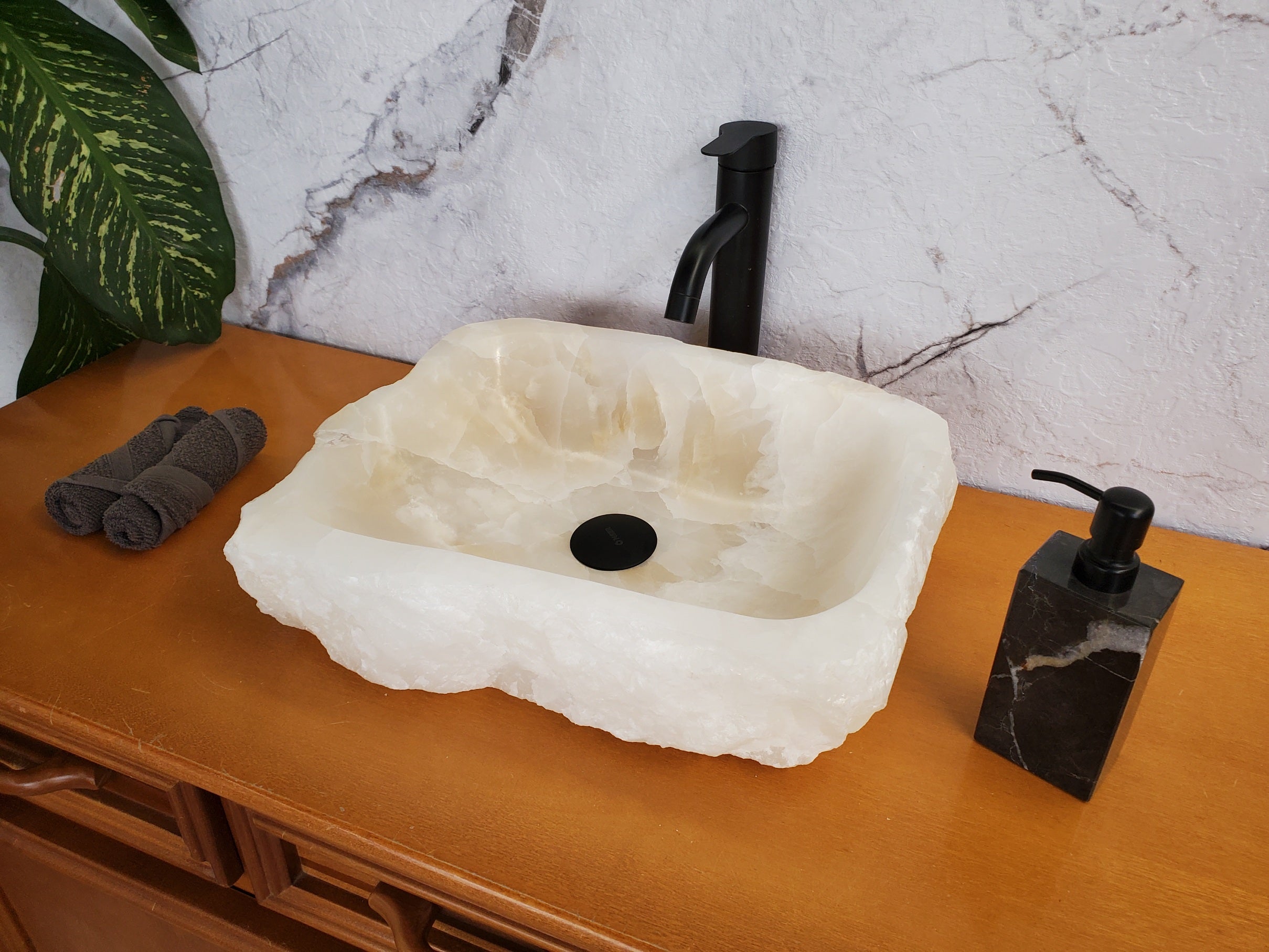S35_08 White Onyx Marble Vessel Sink, 17x13 Inch Natural Stone Countertop Basin, Polished Luxury Vanity Sink, Spa Bathroom Decor Bathroom Sinks