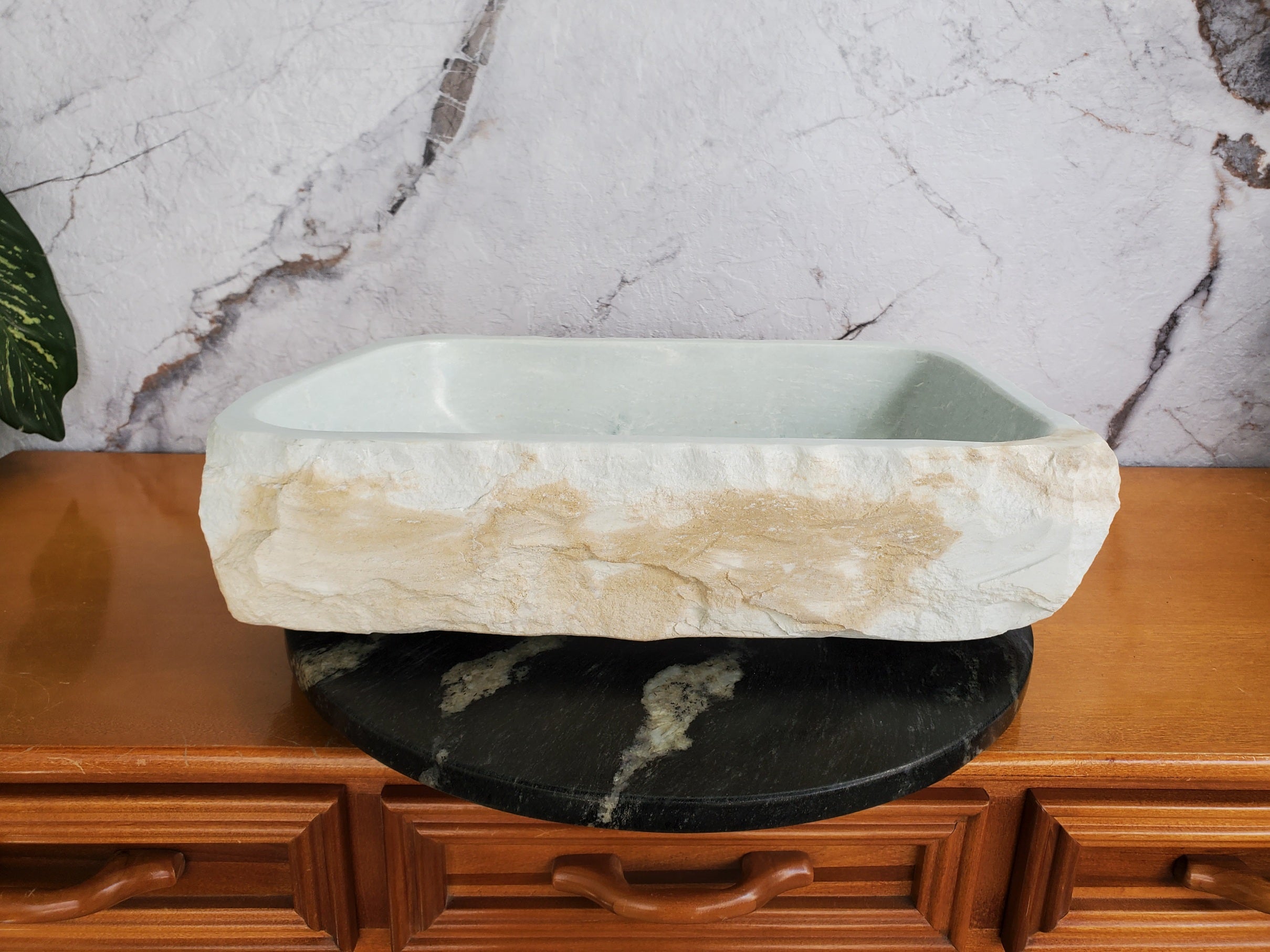 S35_13 White Marble Vessel Sink, Natural Stone Vanity Basin, Polished Bathroom Countertop Sink, Spa Decor 20x12 Inch