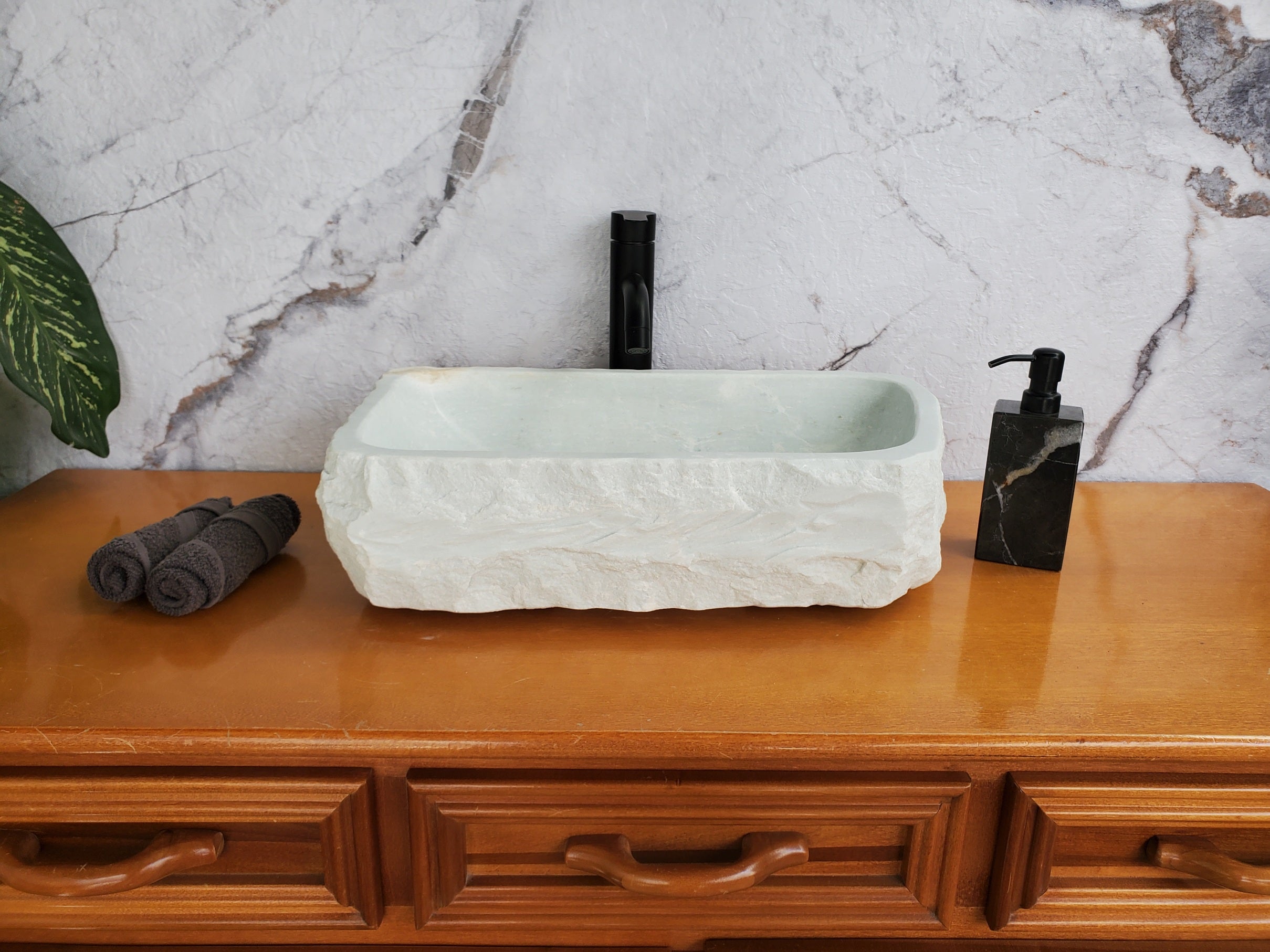 S35_13 White Marble Vessel Sink, Natural Stone Vanity Basin, Polished Bathroom Countertop Sink, Spa Decor 20x12 Inch