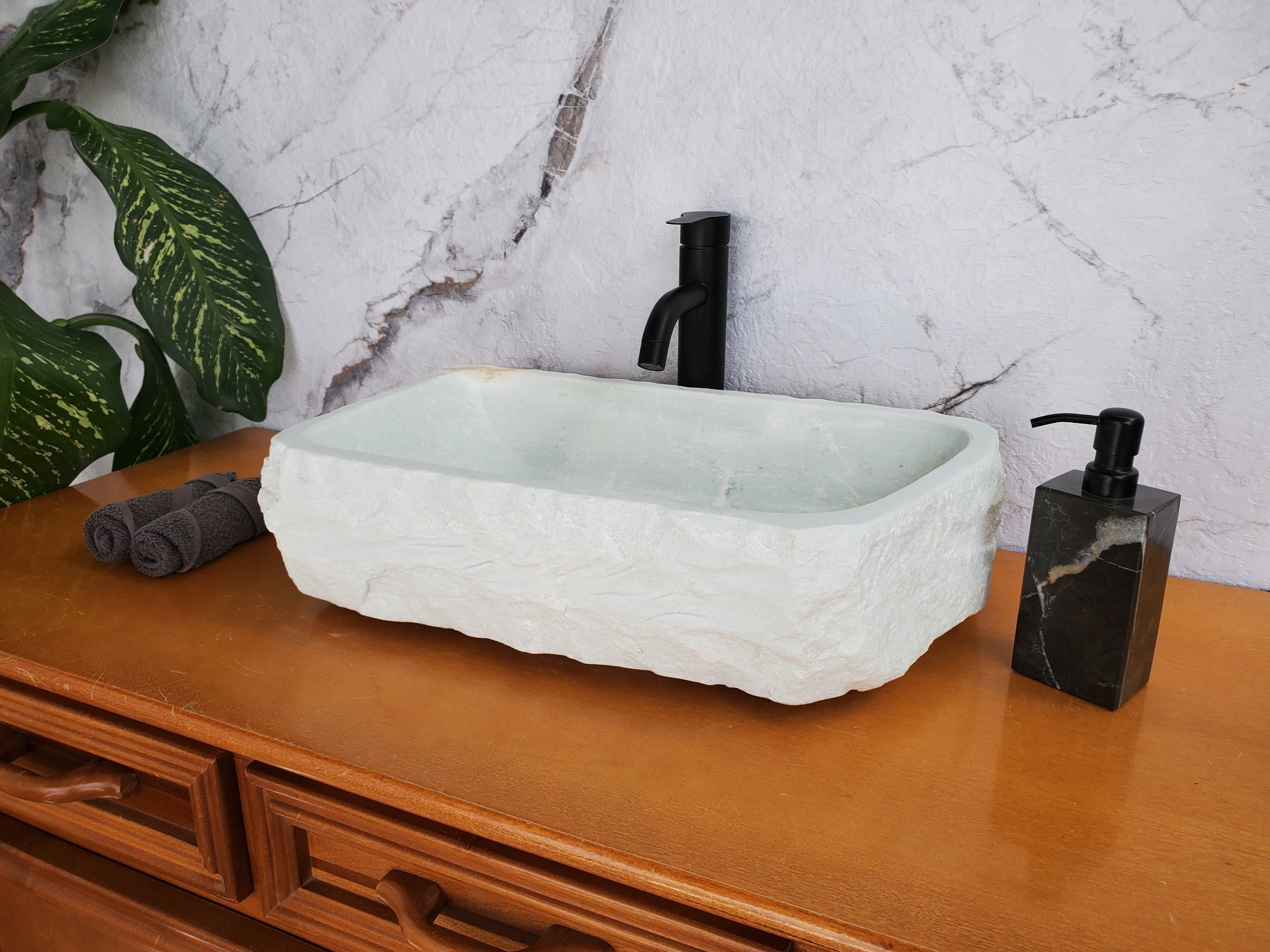 S35_13 White Marble Vessel Sink, Natural Stone Vanity Basin, Polished Bathroom Countertop Sink, Spa Decor 20x12 Inch