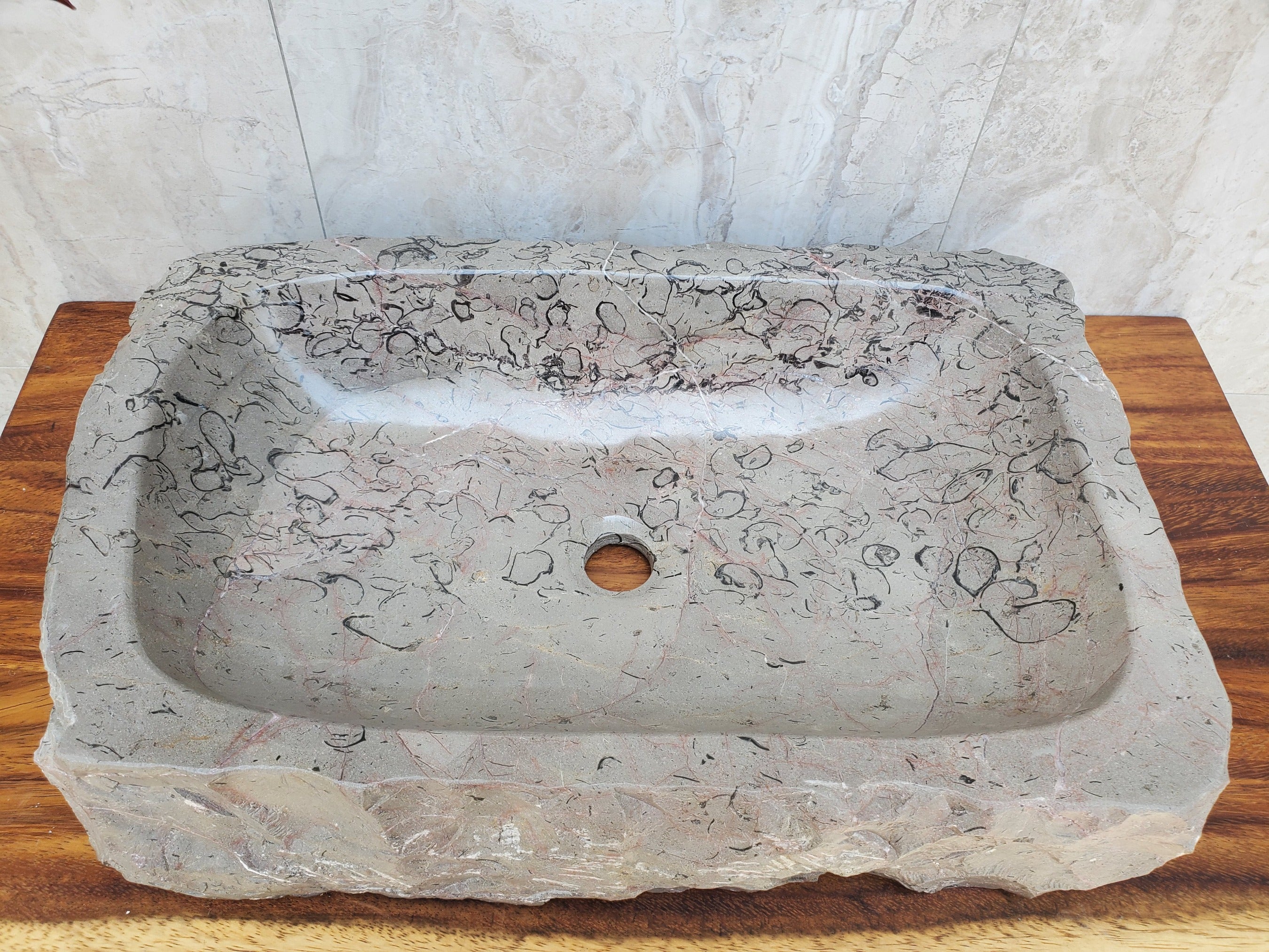 Brown Marble Stone Vessel Bathroom Sink. Pattern with Black Half Circles. Square Above Counter. One of a kind. Handmade in Mexico. Ships from the USA. Buy now at www.felipeandgrace.com.