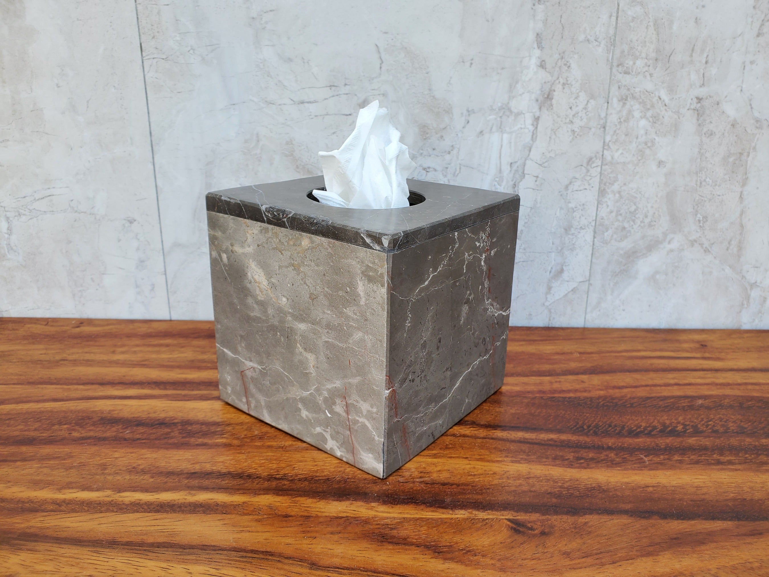 Square Gray Marble Tissue Box Cover with White Veining. Created from a single block of stone. Handmade in Mexico. Ships from the USA. Buy now at www.felipeandgrace.com.