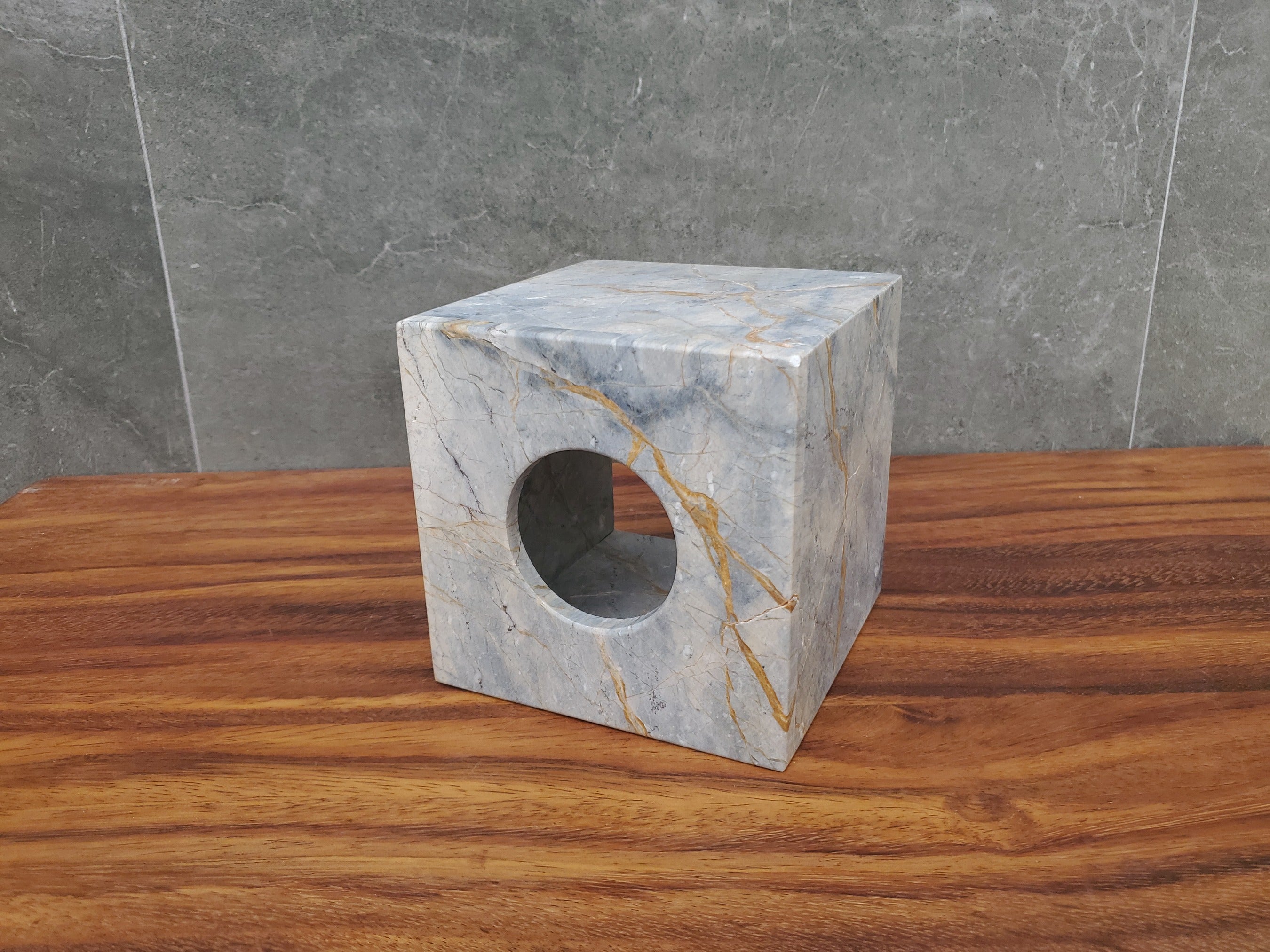 Gray and Gold Marble Tissue Box Cover. Hand carved from one piece of stone. Handmade in Mexico. Ships from the USA. Buy now at www.felipeandgrace.com.