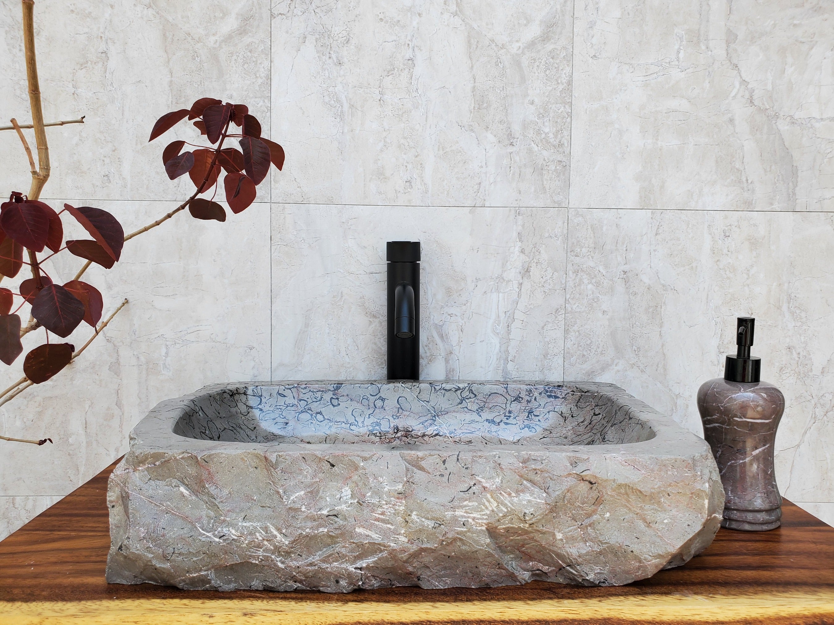 Brown Marble Stone Vessel Bathroom Sink. Pattern with Black Half Circles. Square Above Counter. One of a kind. Handmade in Mexico. Ships from the USA. Buy now at www.felipeandgrace.com.