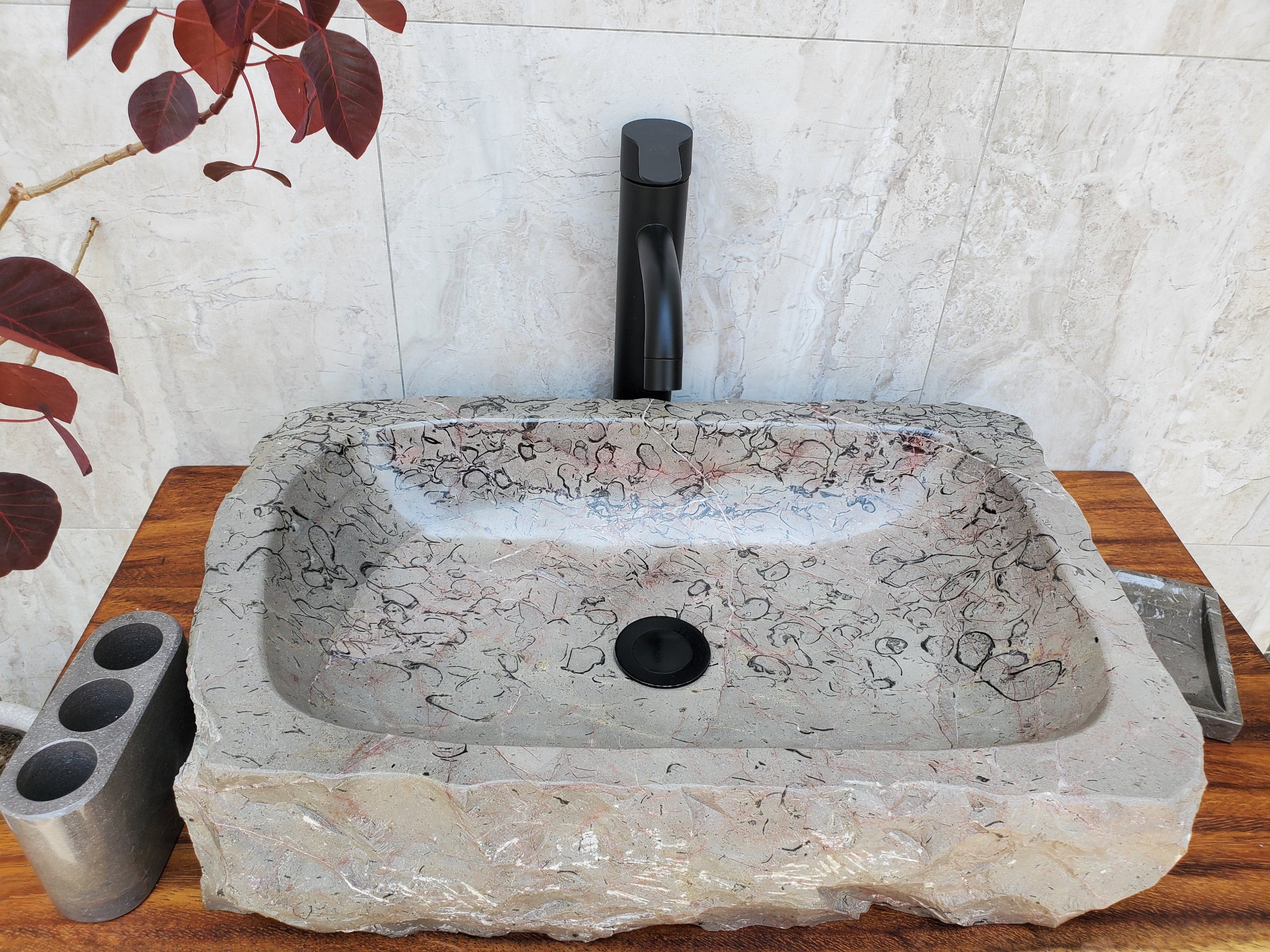 Brown Marble Stone Vessel Bathroom Sink. Pattern with Black Half Circles. Square Above Counter. One of a kind. Handmade in Mexico. Ships from the USA. Buy now at www.felipeandgrace.com.