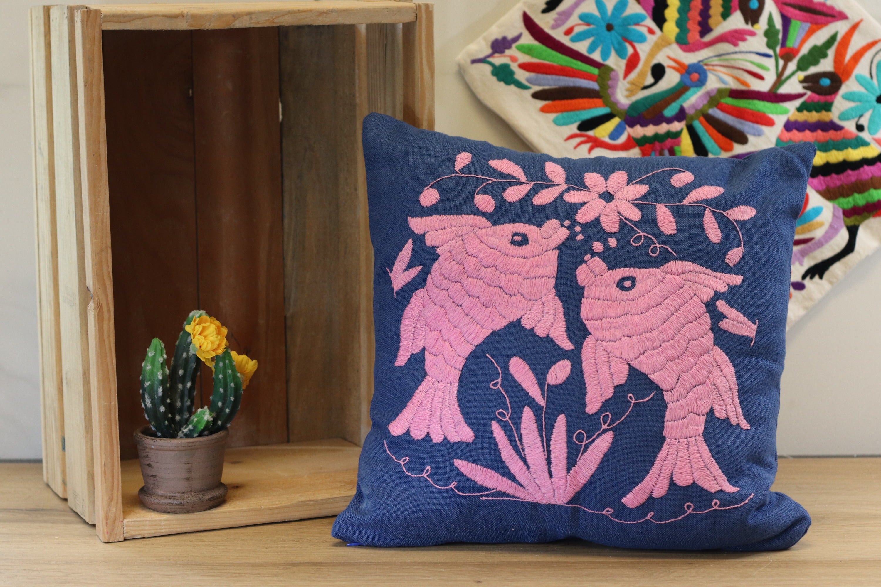 Pink and Navy Tenango Pillow Cover, Hand Embroidered, Otomi Art