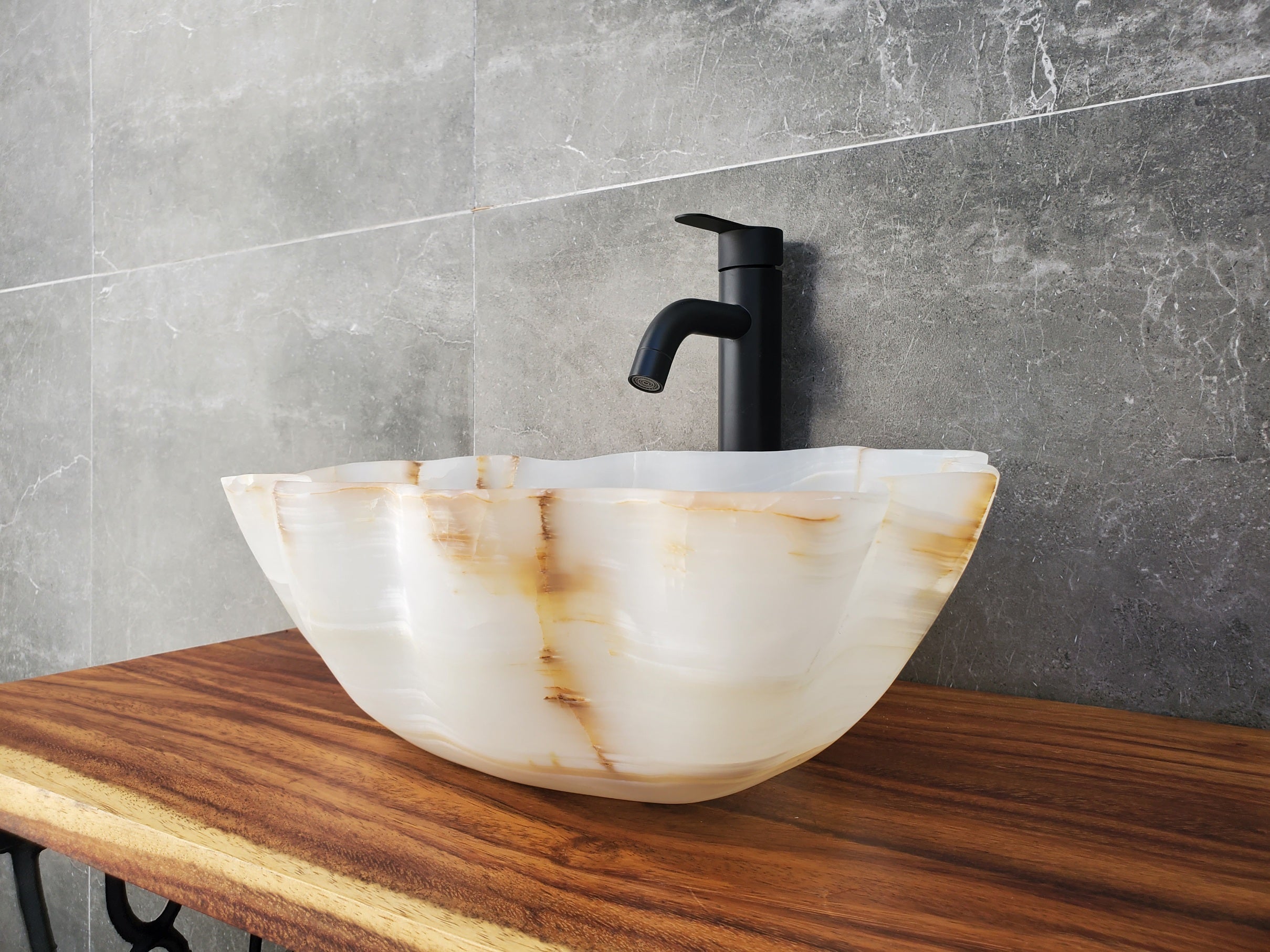 Transparent Onyx Stone Bathroom Vessel Sink. Epoxy Sealant is available Fast shipping. Standard drain size. A beautiful work of art. Handmade. Buy Now at www.felipeandgrace.com.