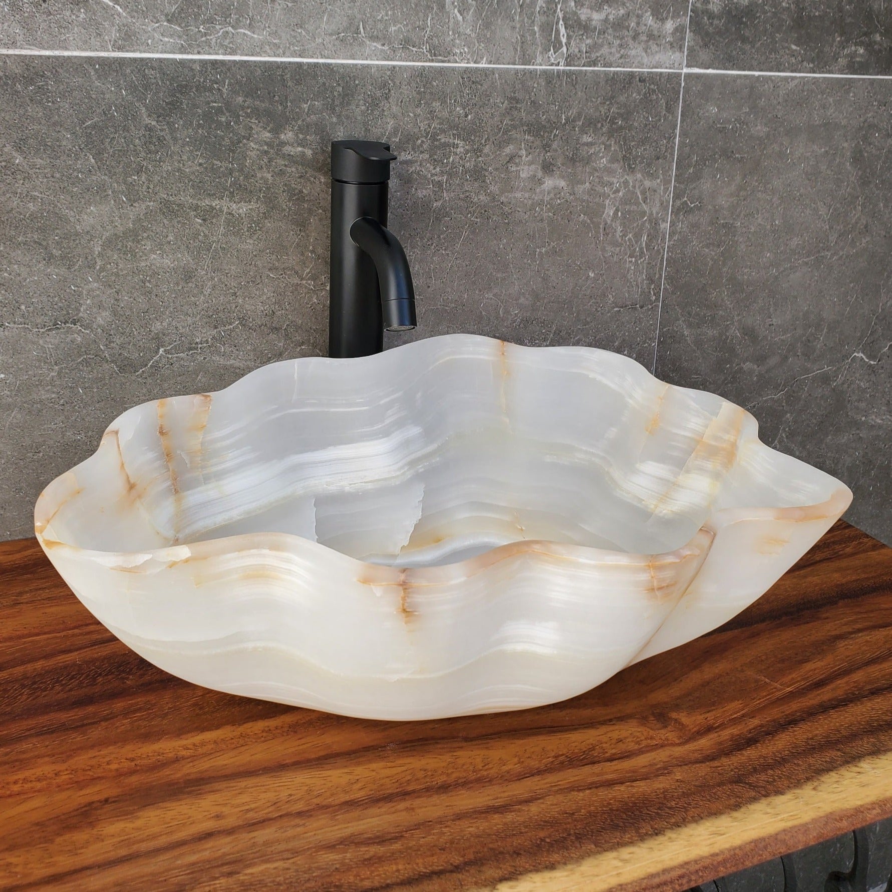 White Onyx Bathroom Vessel Sink - Oyster Shell Shape Onyx Sinks Onyx Sinks Sinks