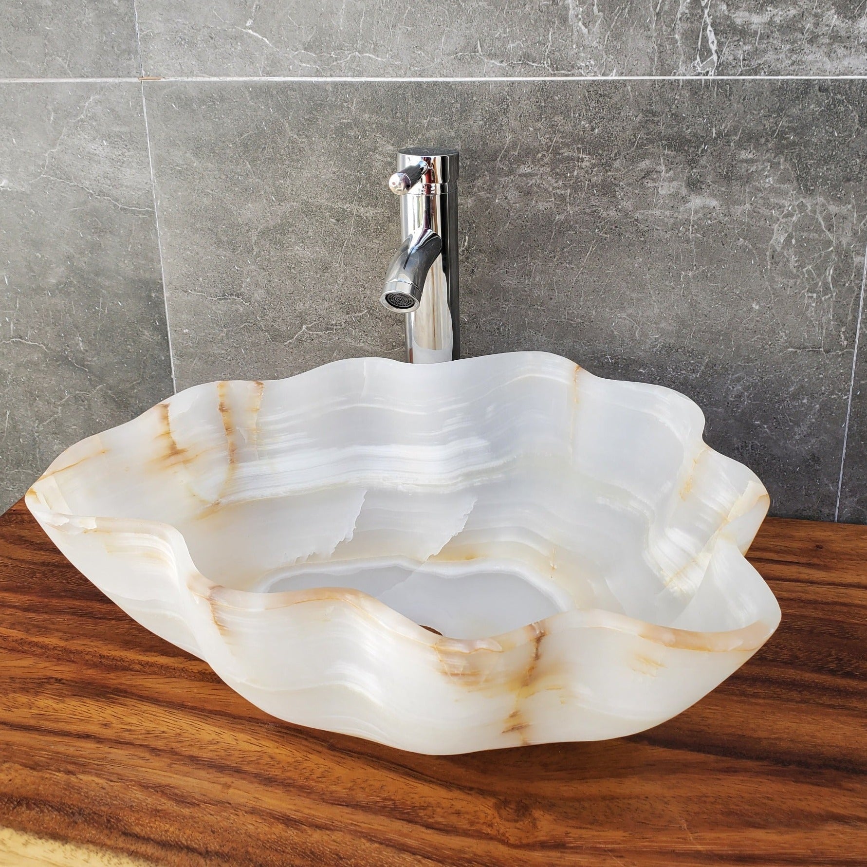 White Onyx Bathroom Vessel Sink - Oyster Shell Shape Onyx Sinks Onyx Sinks Sinks