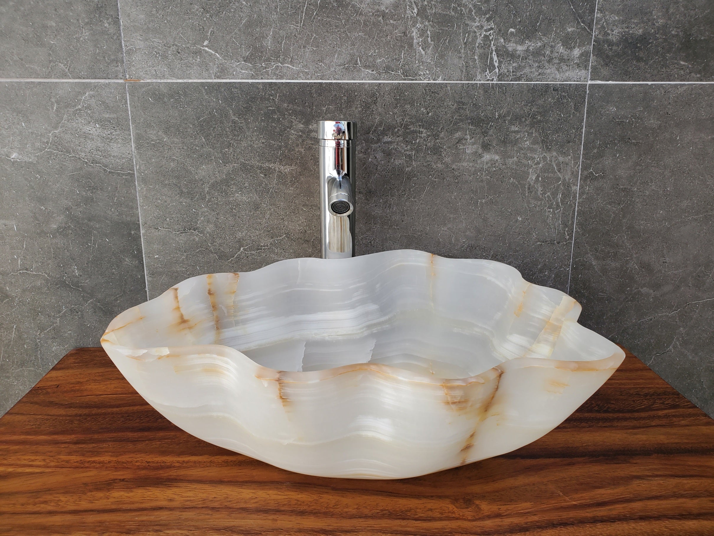 White Onyx Bathroom Vessel Sink - Oyster Shell Shape Onyx Sinks Onyx Sinks Sinks