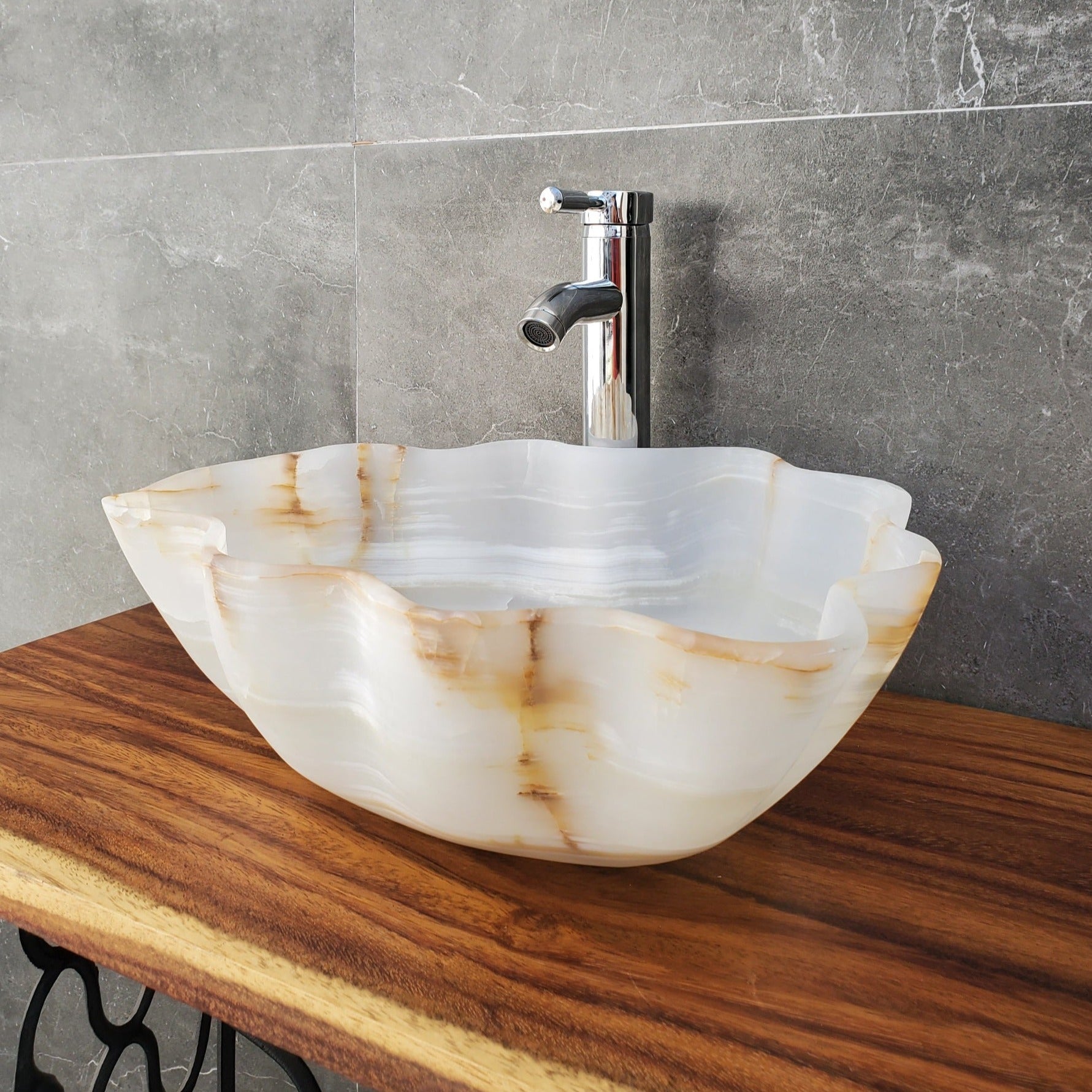 White Onyx Bathroom Vessel Sink - Oyster Shell Shape Onyx Sinks Onyx Sinks Sinks