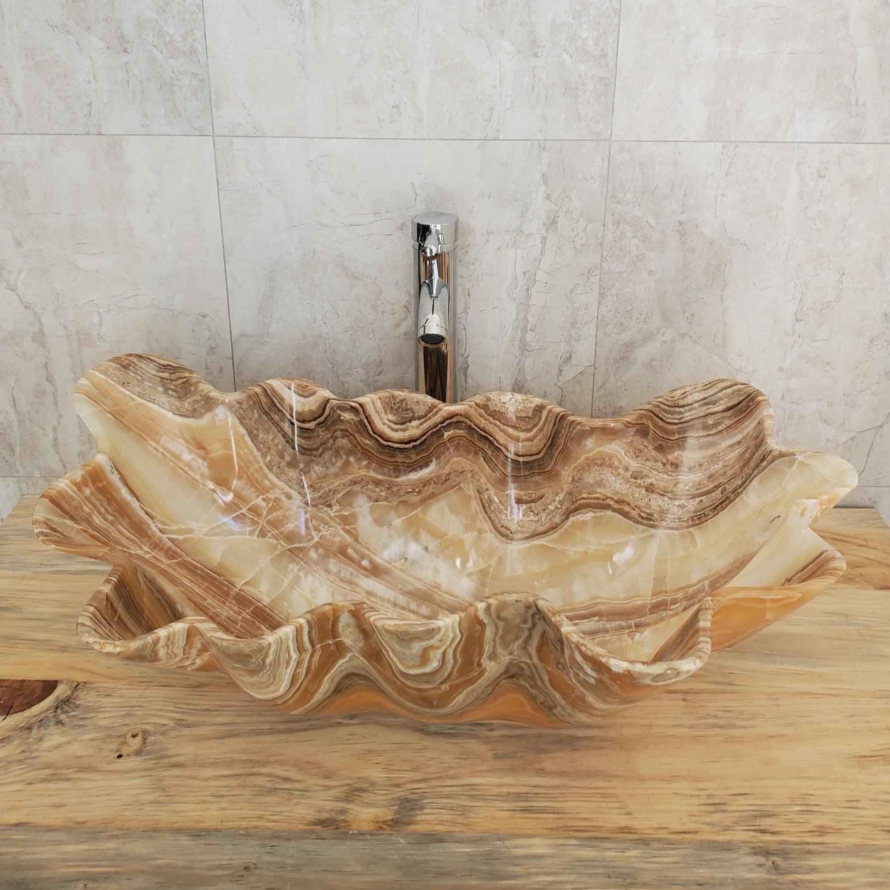 Beige and Tan Onyx Vessel Sink- Oyster Shell Shaped Onyx Sinks Featured Onyx Sinks Sinks