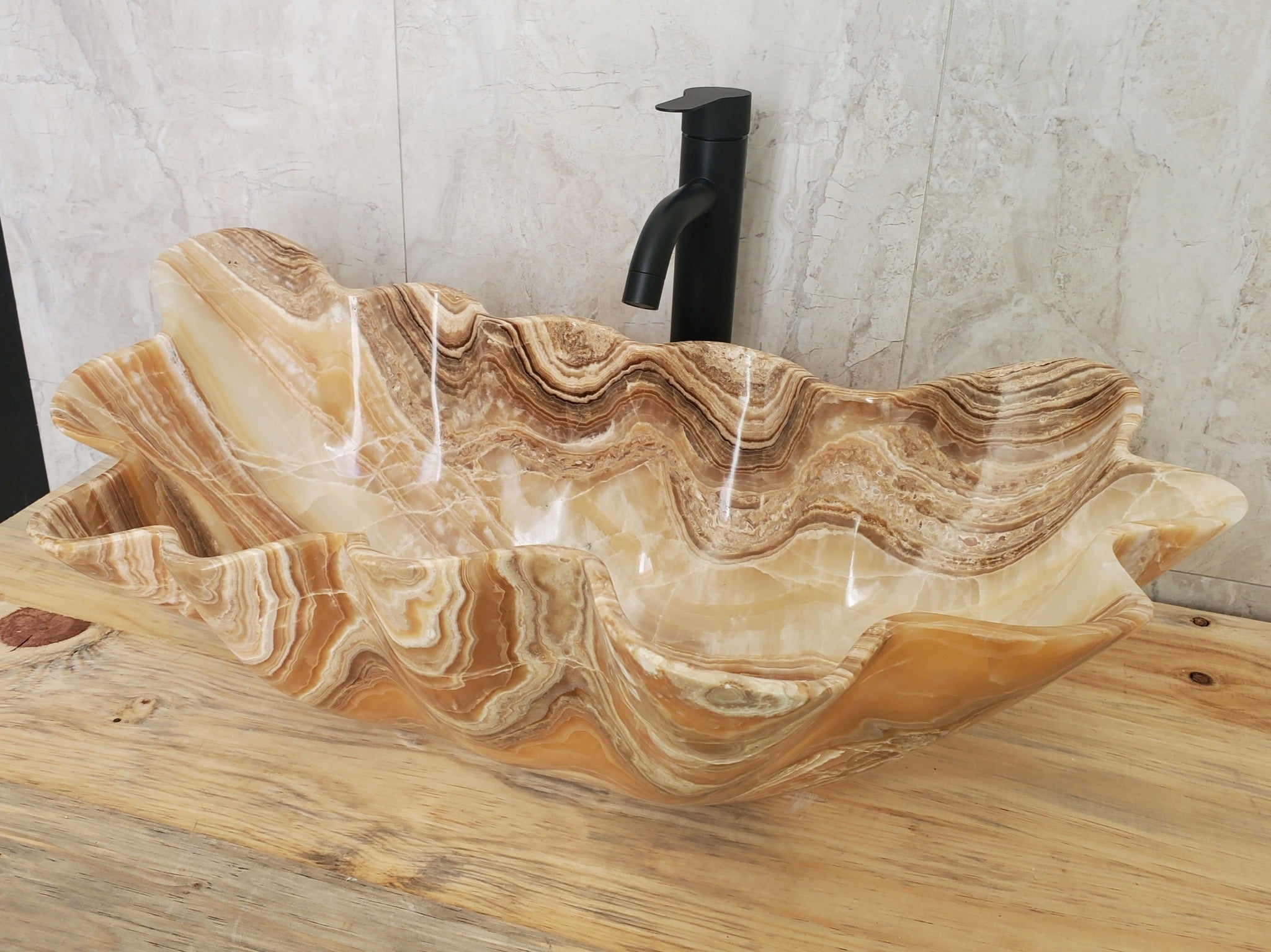 Brown Tan Onyx Stone  Bathroom Vessel Sink. Epoxy Sealant is available with fast shipping. Standard drain size. A beautiful work of rustic art. Handmade. Buy Now at www.felipeandgrace.com.