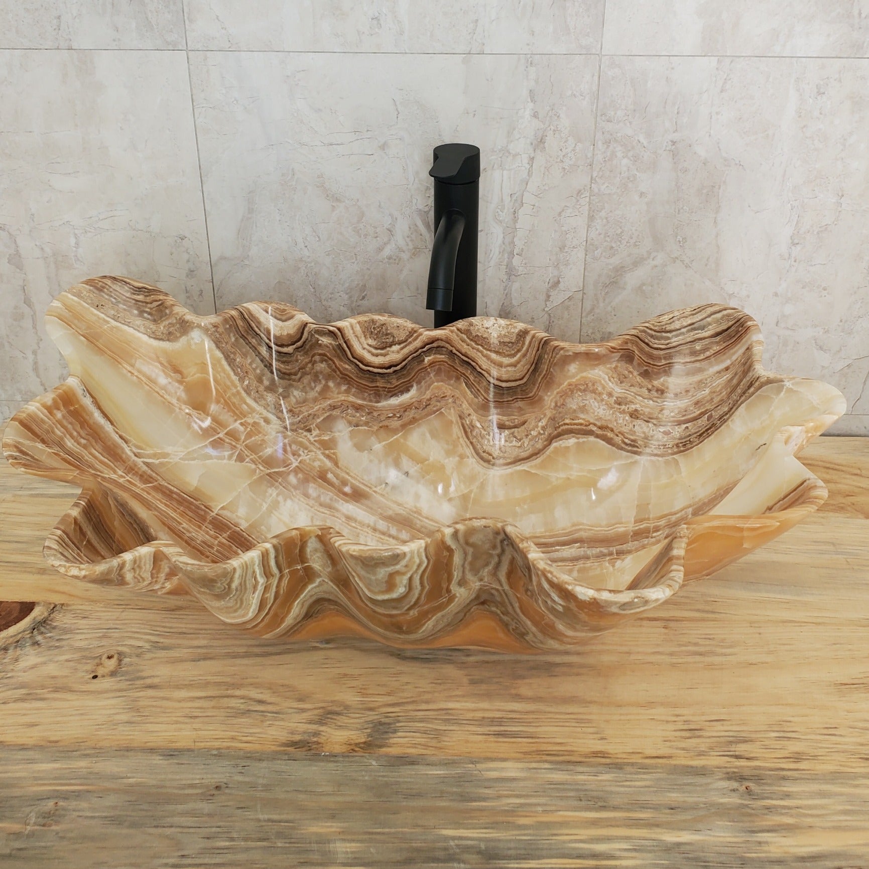 Brown Tan Onyx Stone  Bathroom Vessel Sink. Epoxy Sealant is available with fast shipping. Standard drain size. A beautiful work of rustic art. Handmade. Buy Now at www.felipeandgrace.com.