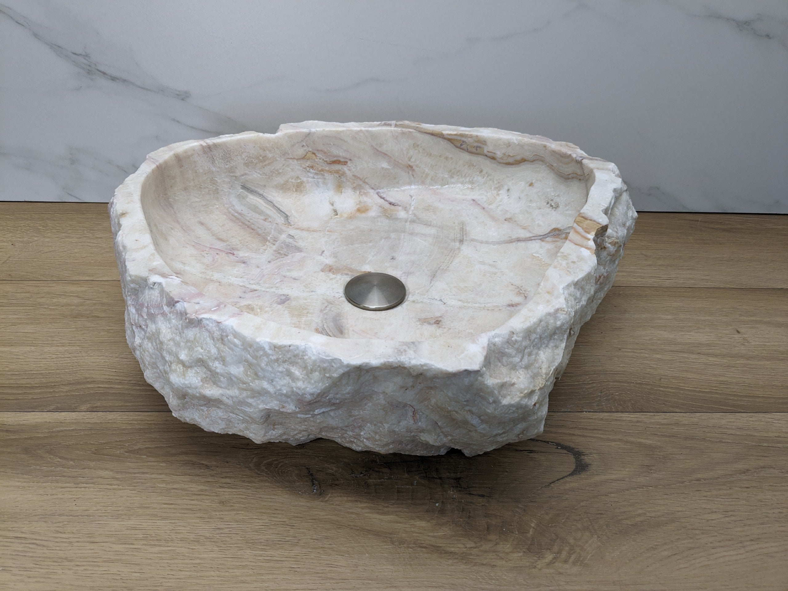 White and Cream Onyx Rustic Bathroom Vessel Sink. A beautiful work of art. We offer fast shipping. Handmade in Mexico. We hand finish, package, and ship from the USA. Buy now at www.felipeandgrace.com. 