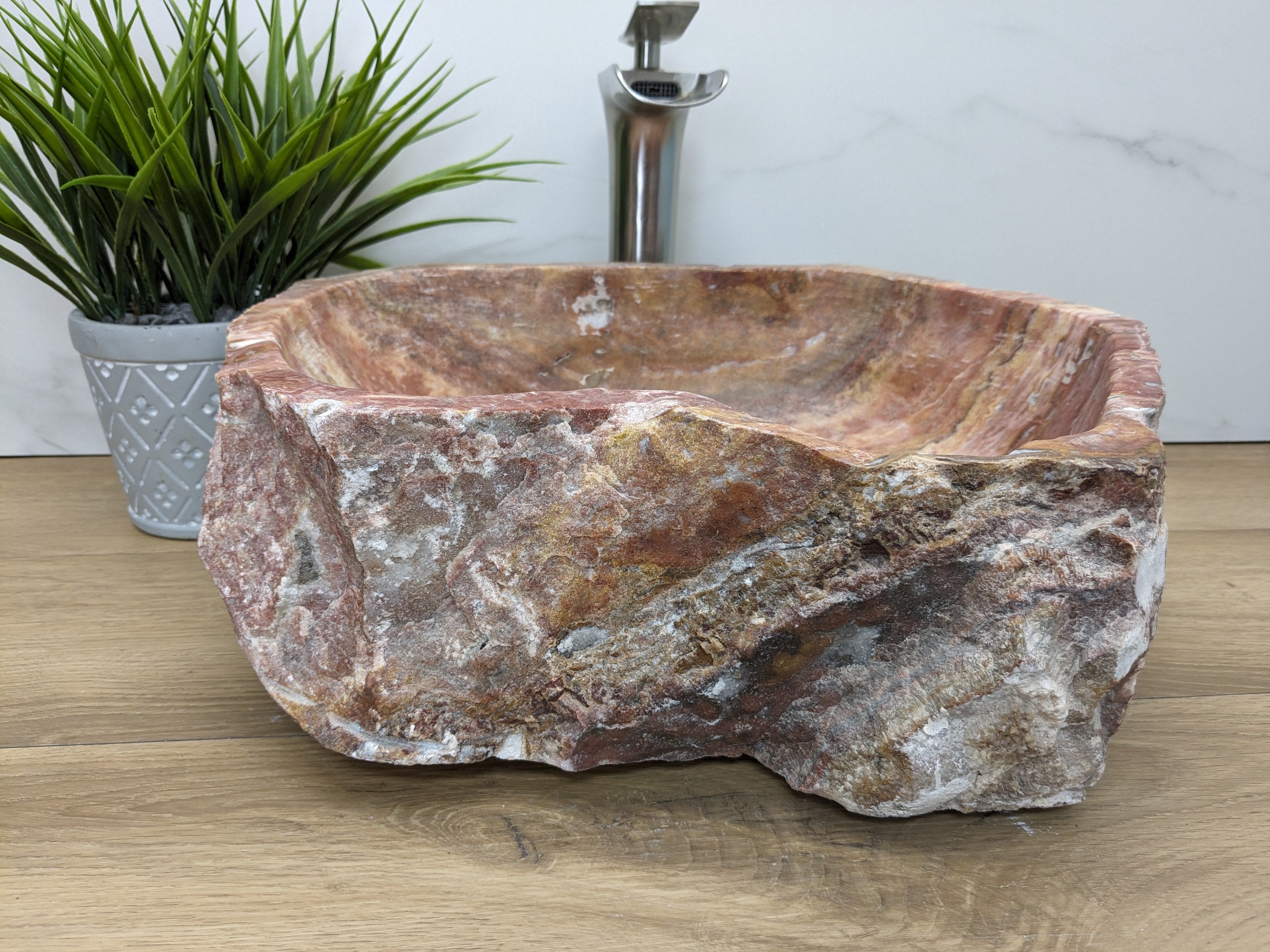 Pink and Tan Onyx Stone Vessel Bathroom Sink. Epoxy Sealant is available with fast shipping. Standard Drain Size. A beautiful work of rustic art. Handmade. Buy Now at www.felipeandgrace.com