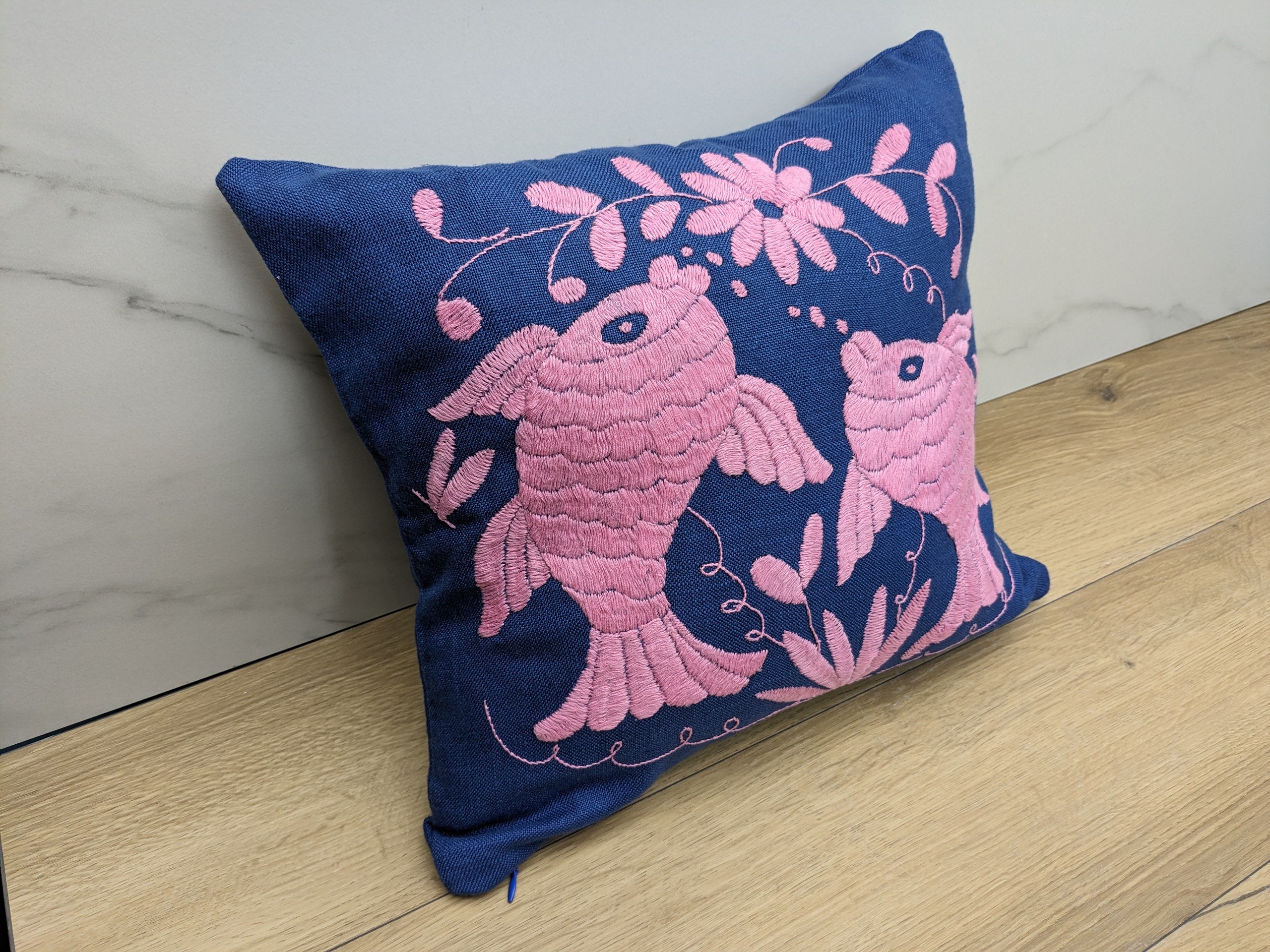Pink and Navy Tenango Pillow Cover, Hand Embroidered, Otomi Art