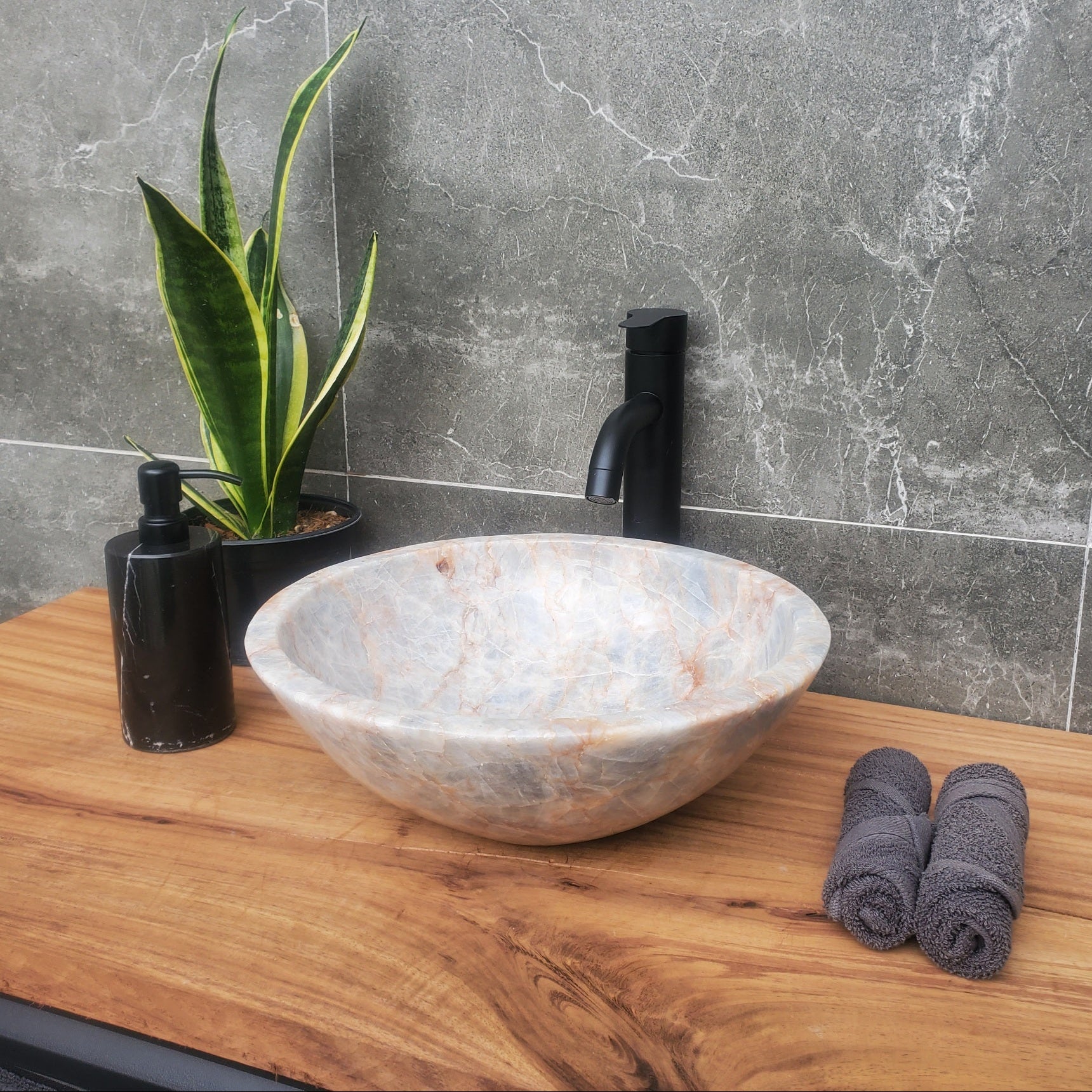 S31_03 Blue Gray Calcite Vessel Bathroom Sink - 14 x 14 inch