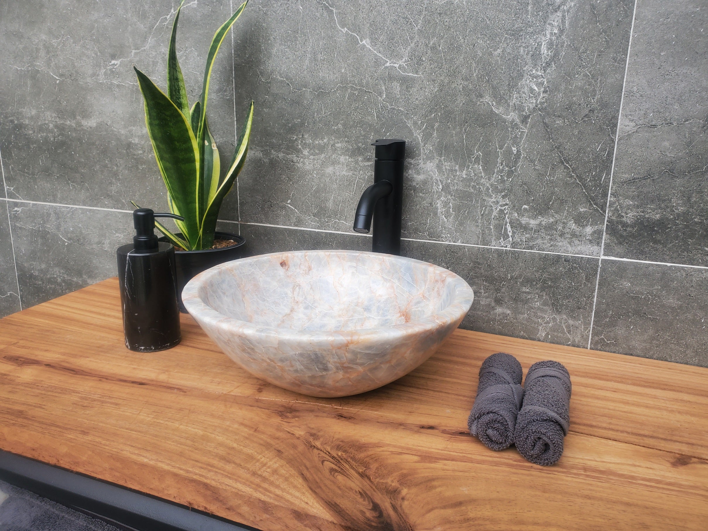 S31_03 Blue Gray Calcite Vessel Bathroom Sink - 14 x 14 inch