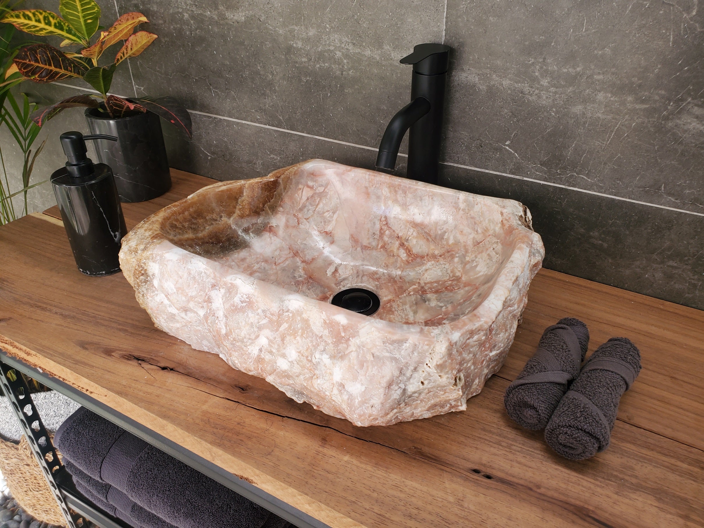 S34_02 Pink Onyx Vessel Bathroom Sink - 16 x 12.5 inch
