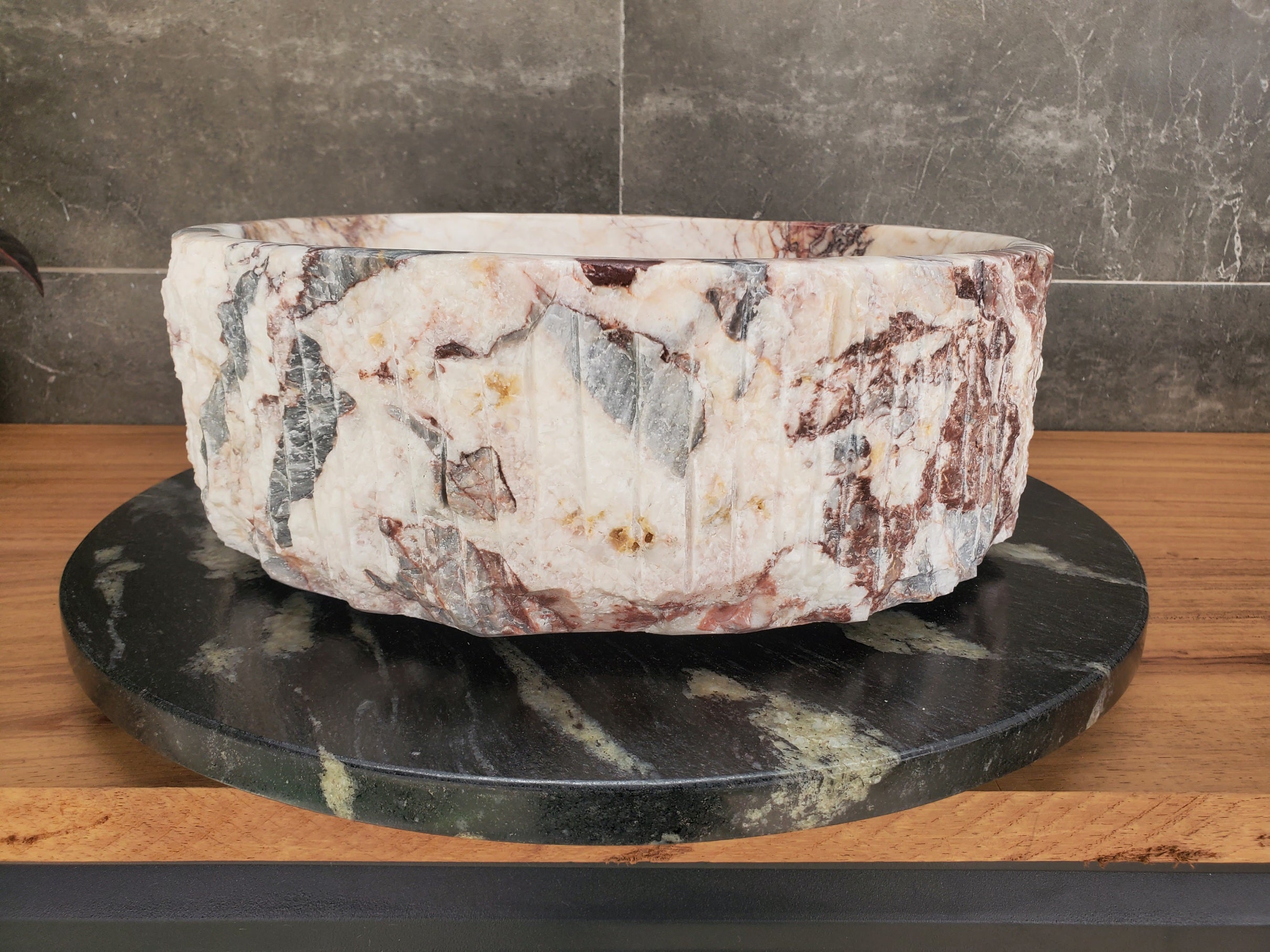 S34_03 Round Onyx Bathroom Stone Vessel Sink - 16 x 14.5 inch