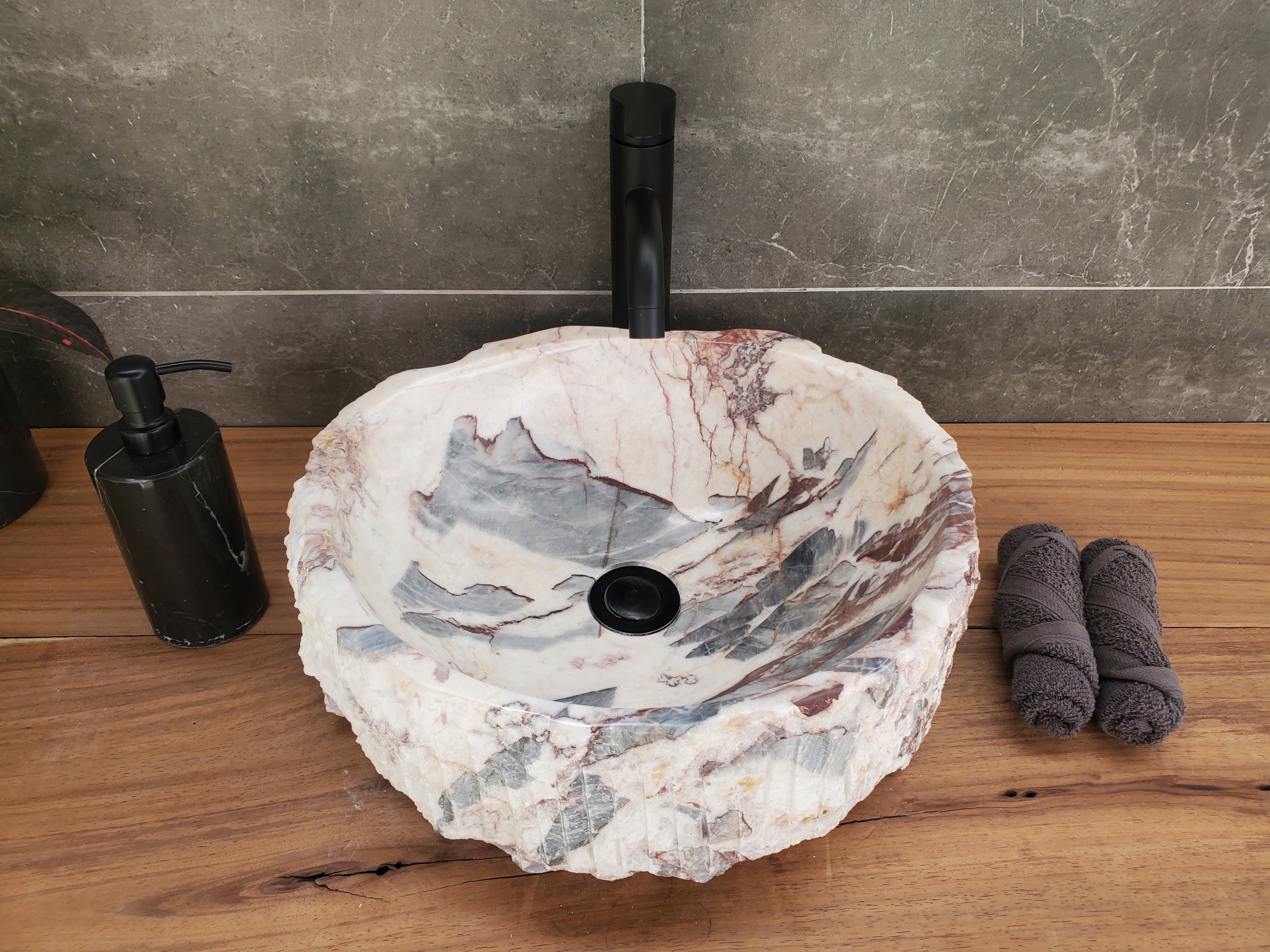 S34_03 Round Onyx Bathroom Stone Vessel Sink - 16 x 14.5 inch