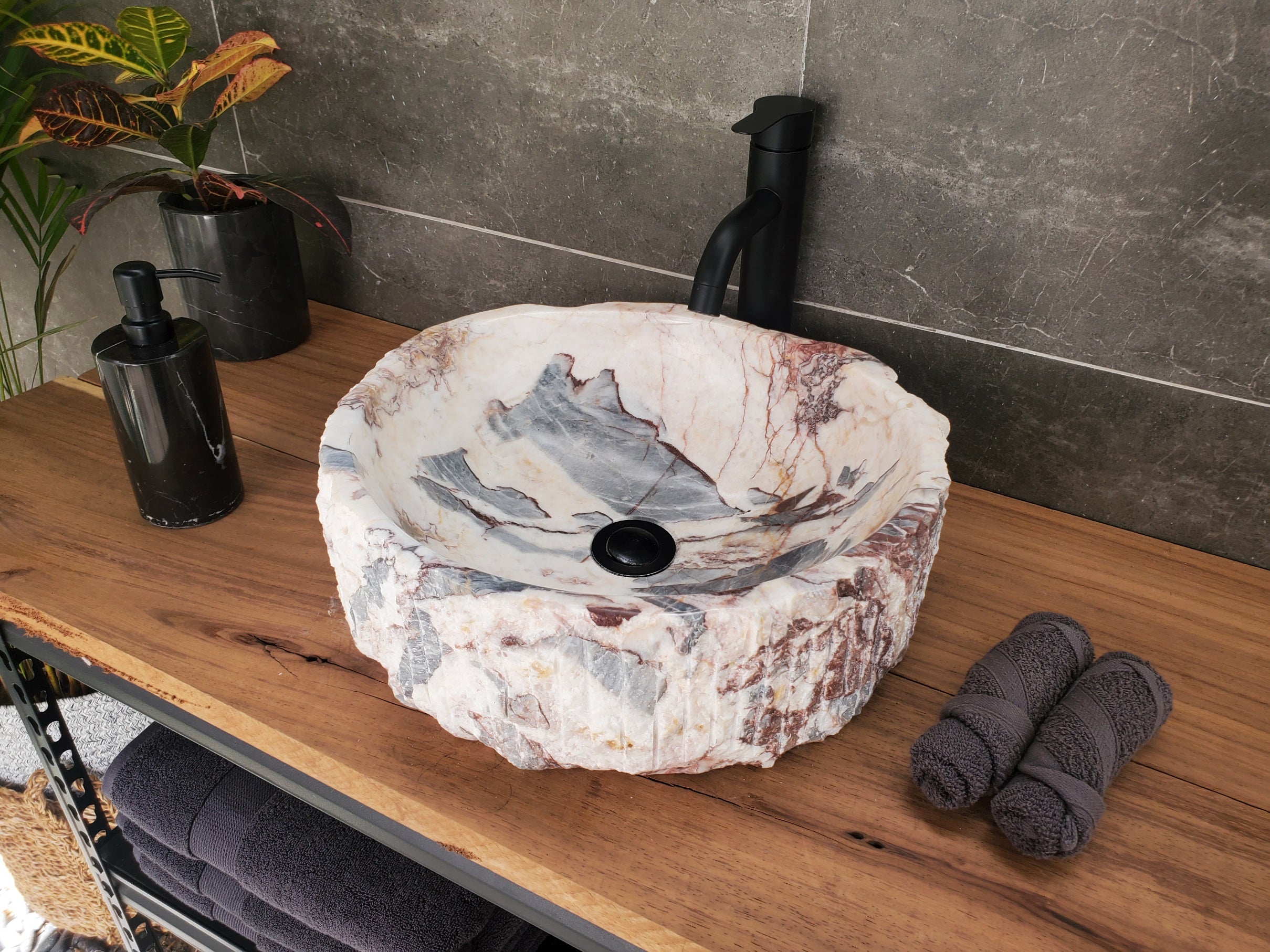 S34_03 Round Onyx Bathroom Stone Vessel Sink - 16 x 14.5 inch