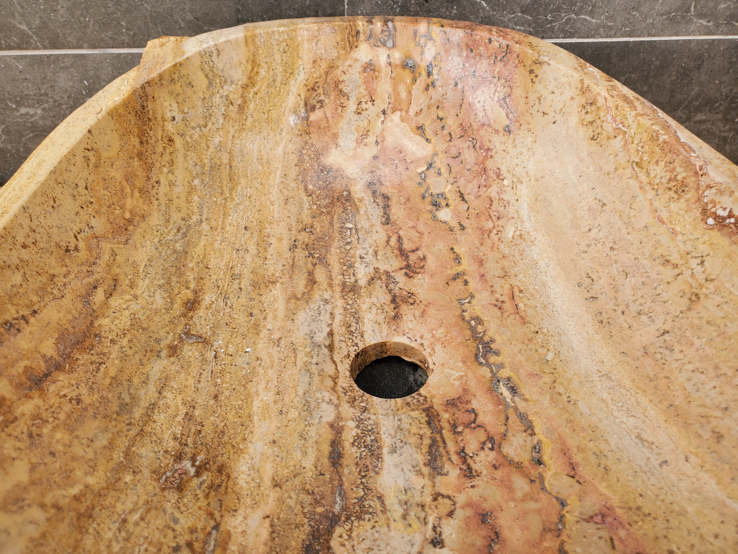 S31_35 Oval Travertine Chiseled Vessel Bathroom Sink